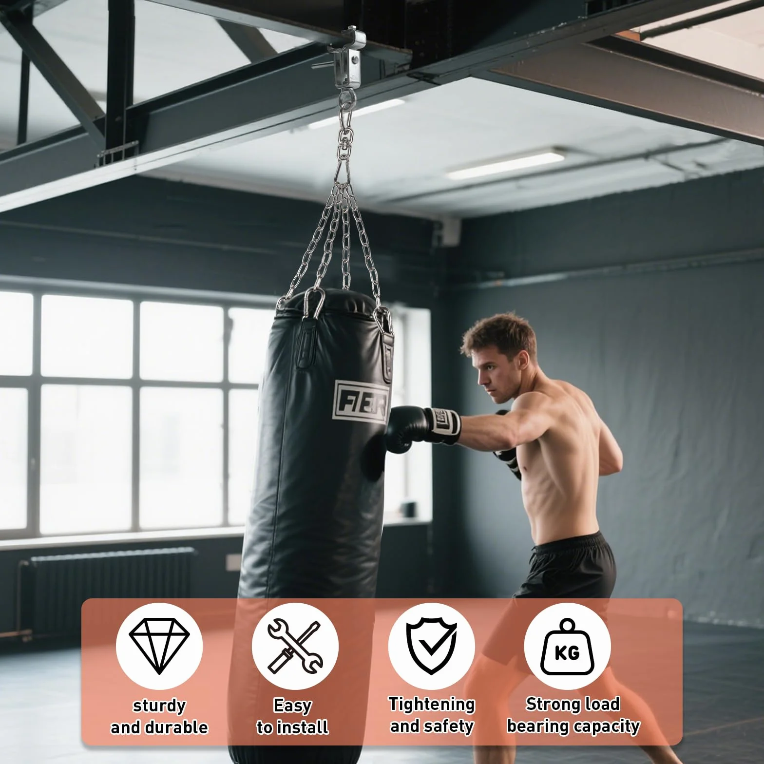 1 Pieza Soporte para Viga en I, Soporte de Acero para Saco de Boxeo con Cadena de 4 Ramales, Mosquetón de Fijación para Saco de Arena, Entrenamiento en Interior/Exterior, Muay Thai, Boxeo, MMA