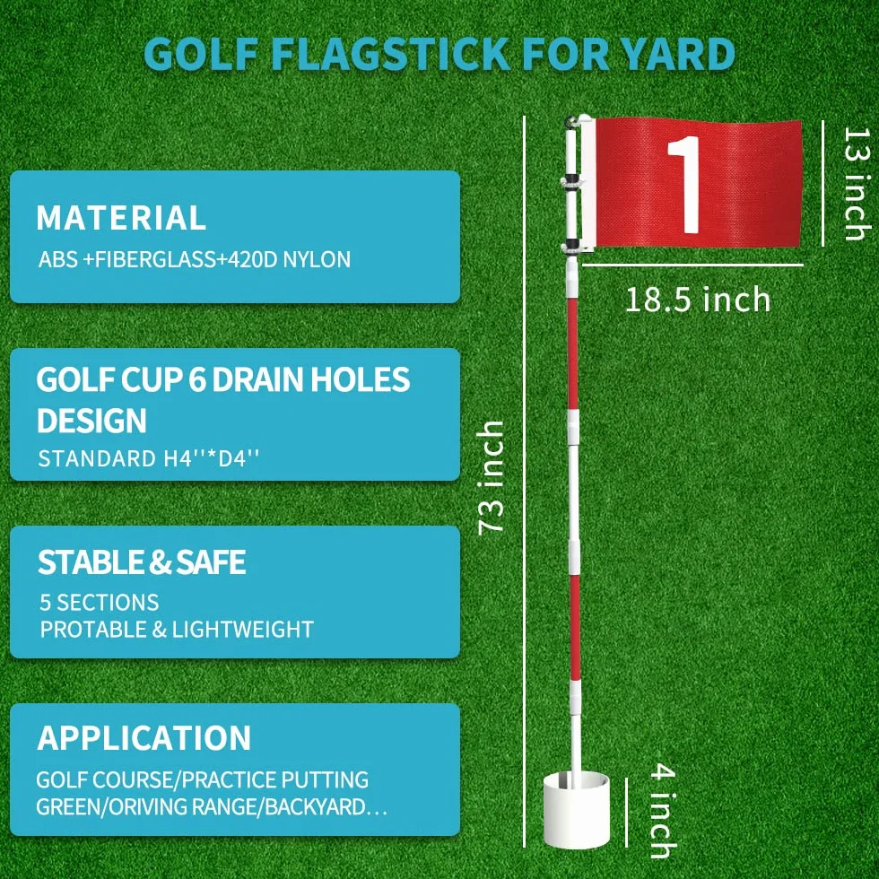 THIODOON Bandera de golf de 6 pies y taza para patio profesional, copa de agujero de golf desmontable y bandera para campo de conducción, patio trasero, fibra de vidrio antioxidante, diseño de 5