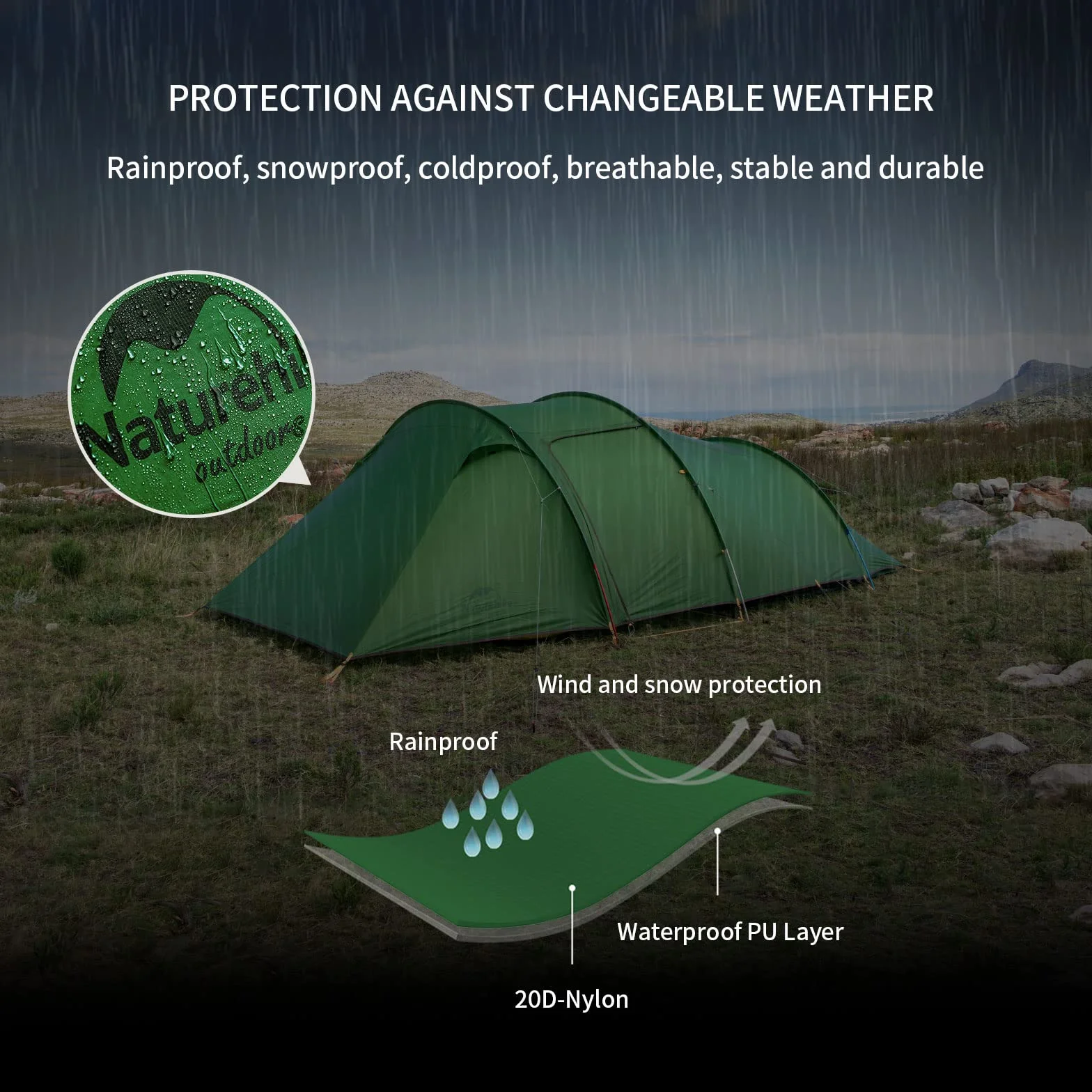 Naturehike Opalus Carpa para Mochileros Carpa Familiar Espaciosa y Liviana para 2/3 Personas Carpa Túnel para 2/3 Personas con Toldo