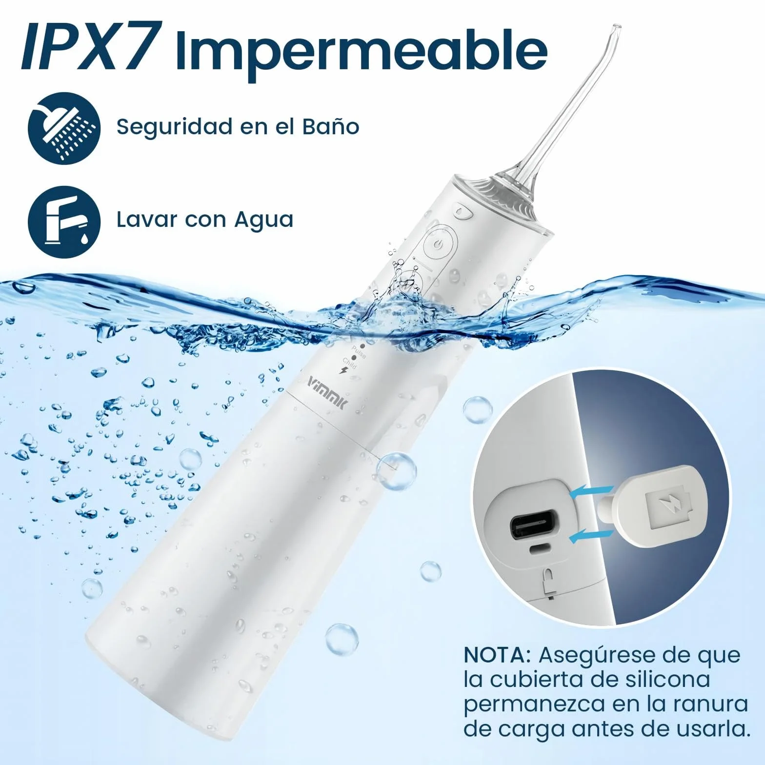Vimmk Irrigador Bucal Portatil Inalámbrico Dental 8 Boquillas 5 Modos IPX7 Impermeable 300ML USB-C Recargable Blanco