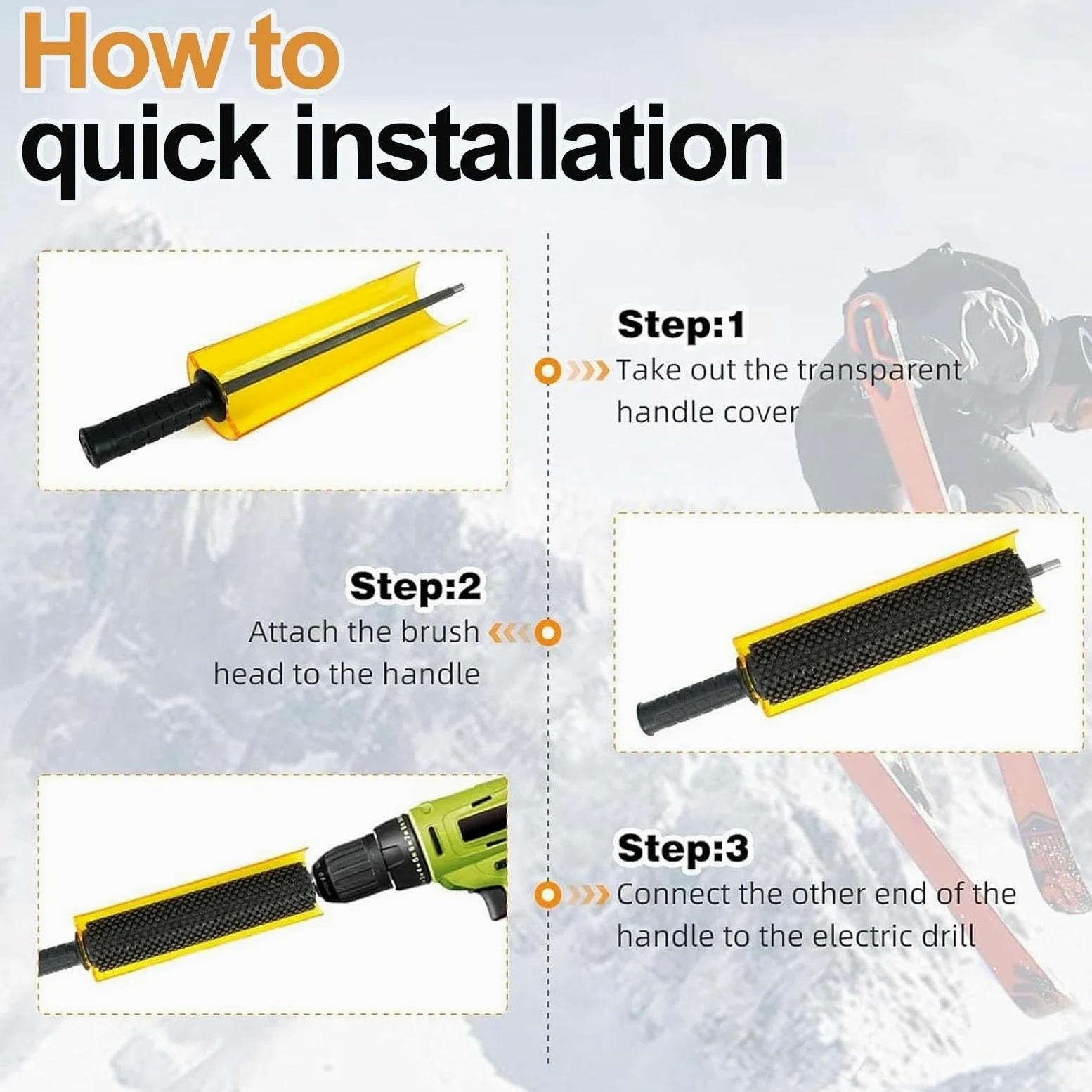 Kit de cepillo de esquí Roto de 300 mm, eje de cepillo giratorio, cepillos de crin de caballo de latón de nailon, cubierta desmontable, para encerar, mango de cepillo de esquí para taladro eléctrico