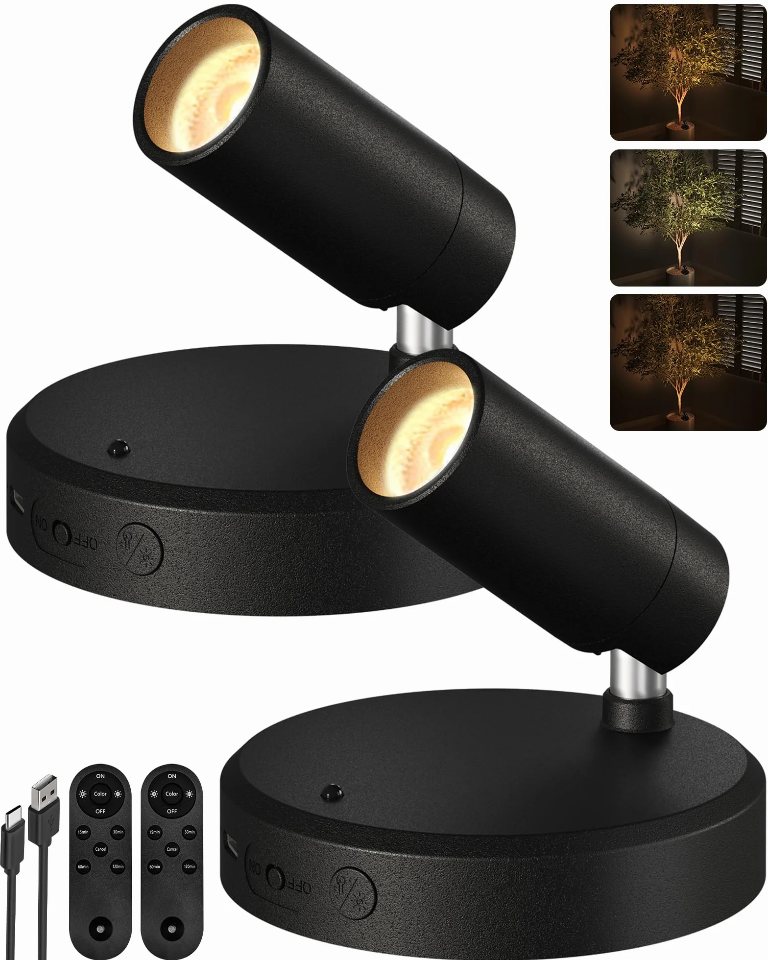 EZVALO Foco LED Inalámbrico 5500 mAh con Mando a Distancia y Temporizador, 3 Temperaturas de Color, Negro (2 Pieza)