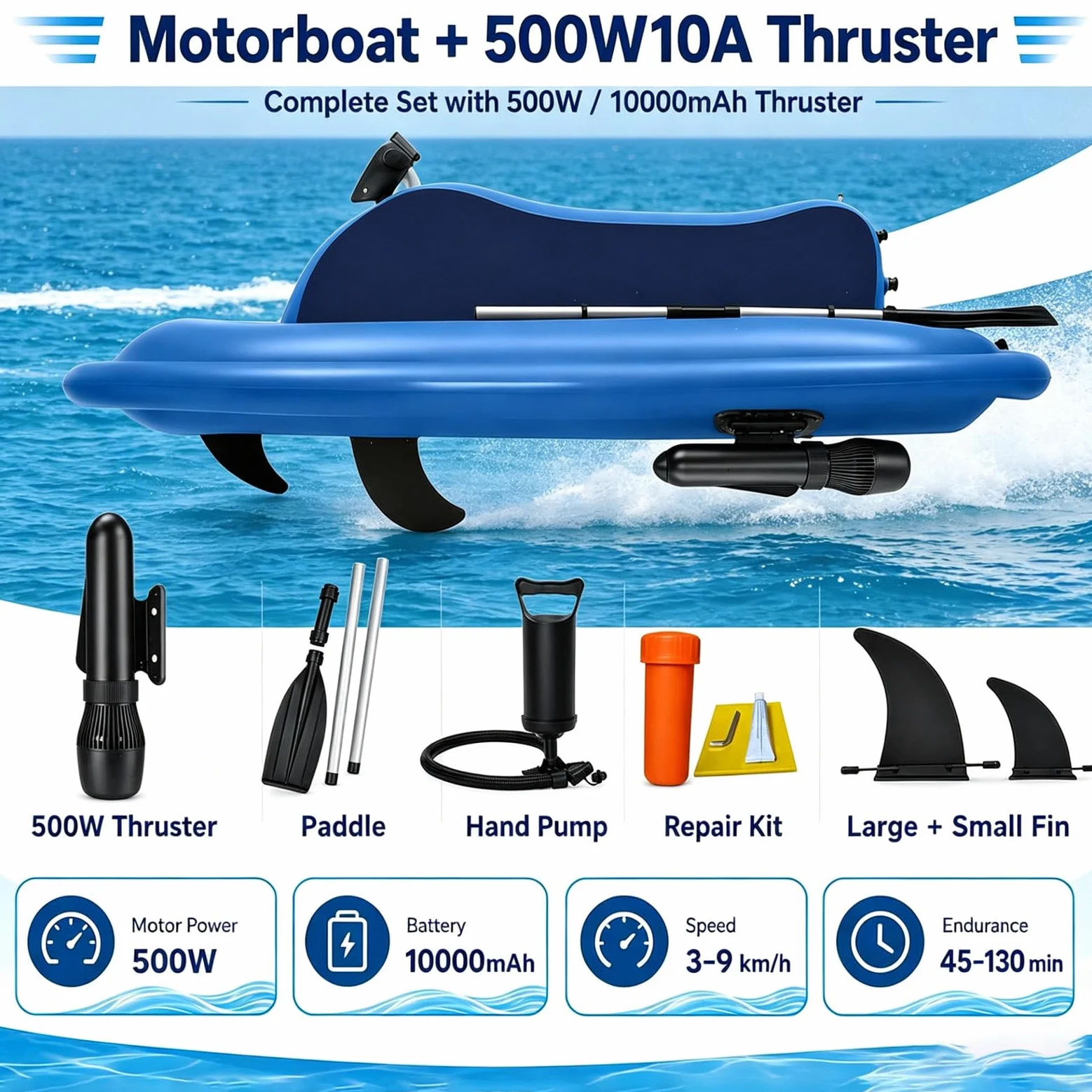 Bote Inflable Motorizado para 2 Personas – Capacidad de 220 Kg | Control de 9 Velocidades (máx. 7 Km/h) | Autonomía de 130 Minutos | para Piscinas, Lagos y Mar 10000mAh