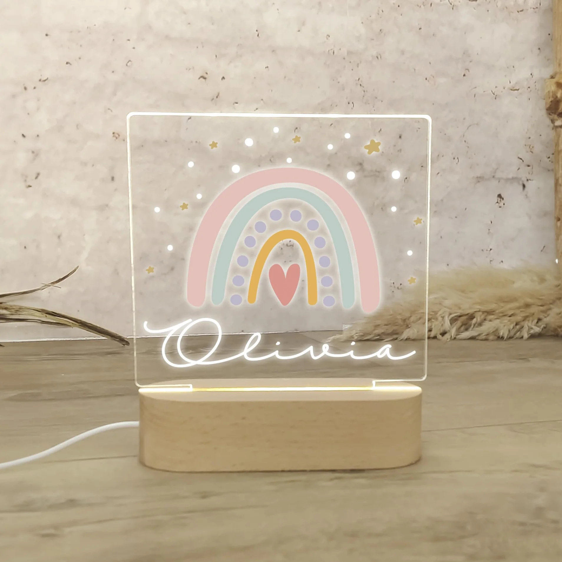 Lampara Quitamiedos Infantil Personalizada con Nombre Bebés Recien Nacidos de Metacrilato Acrilico Madera con Led Luz Nocturna Mesita Noche (Arcoiris)