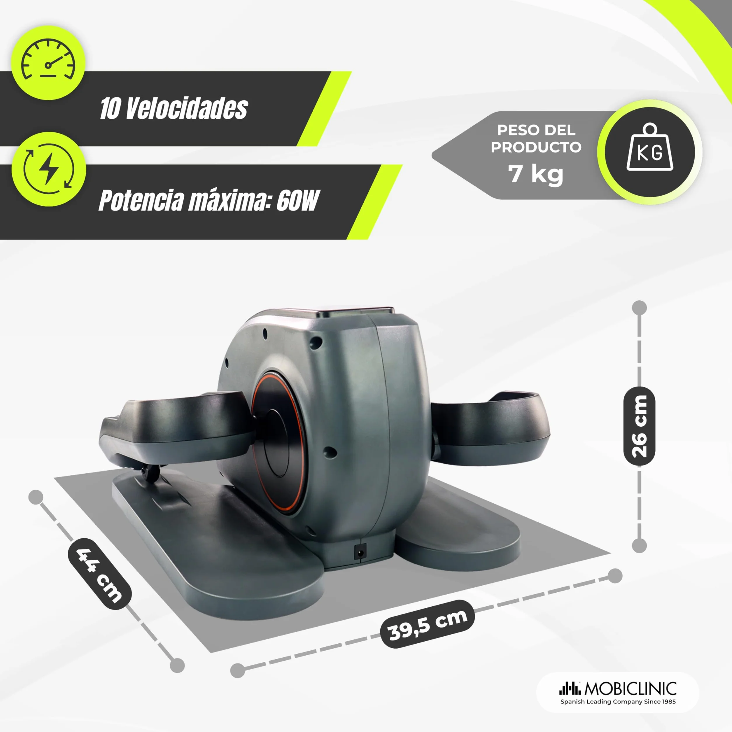 Mobiclinic® Fitness, Pedaleador eléctrico, Veleta, 10 velocidades, 3 programas, Pedales estáticos, Pantalla LCD, 60w, Resistencia Ajustable, Mando, Antideslizantes, Motor silencioso