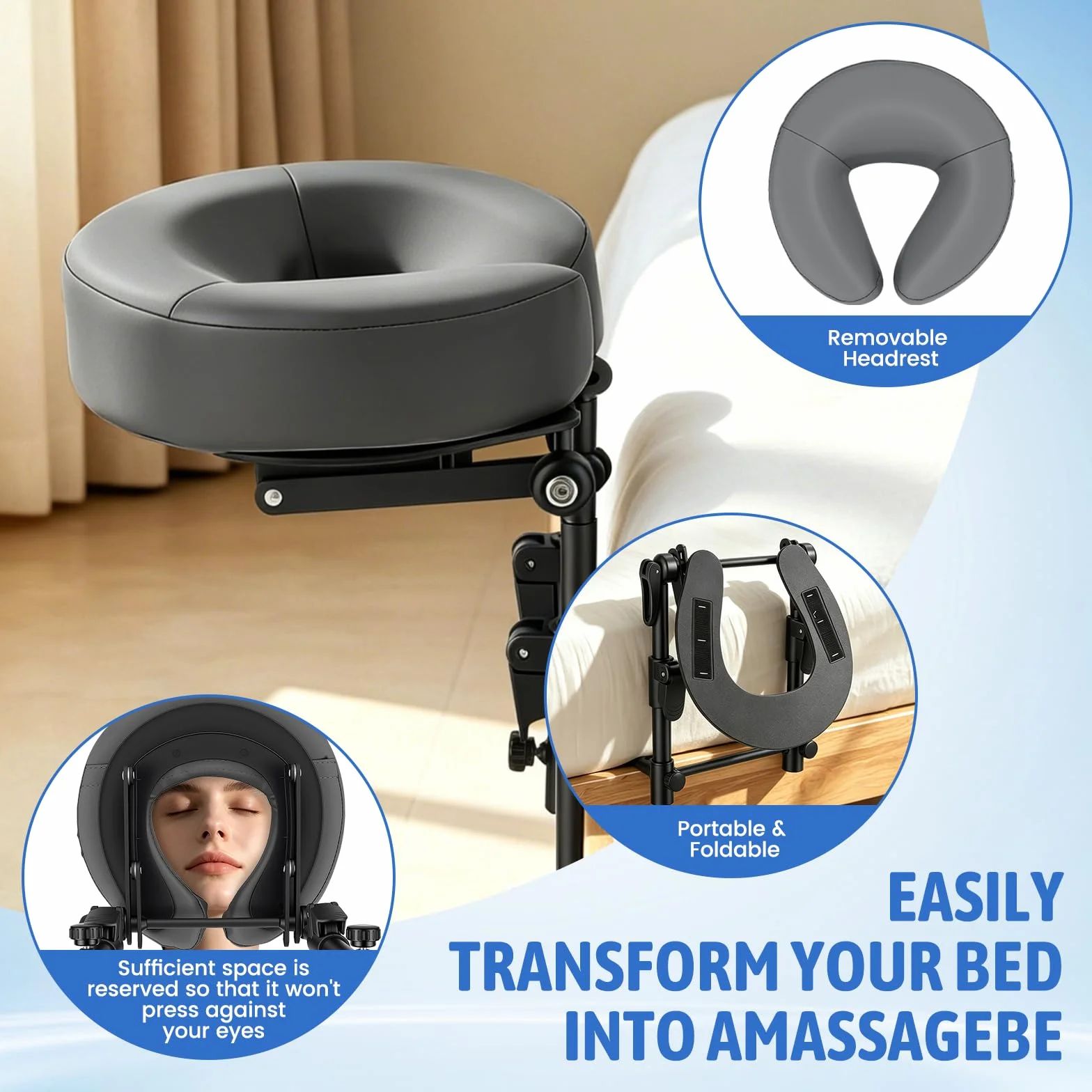 Reposacabezas de masaje ajustable para cama, soporte facial colchón 14-45cm, gris