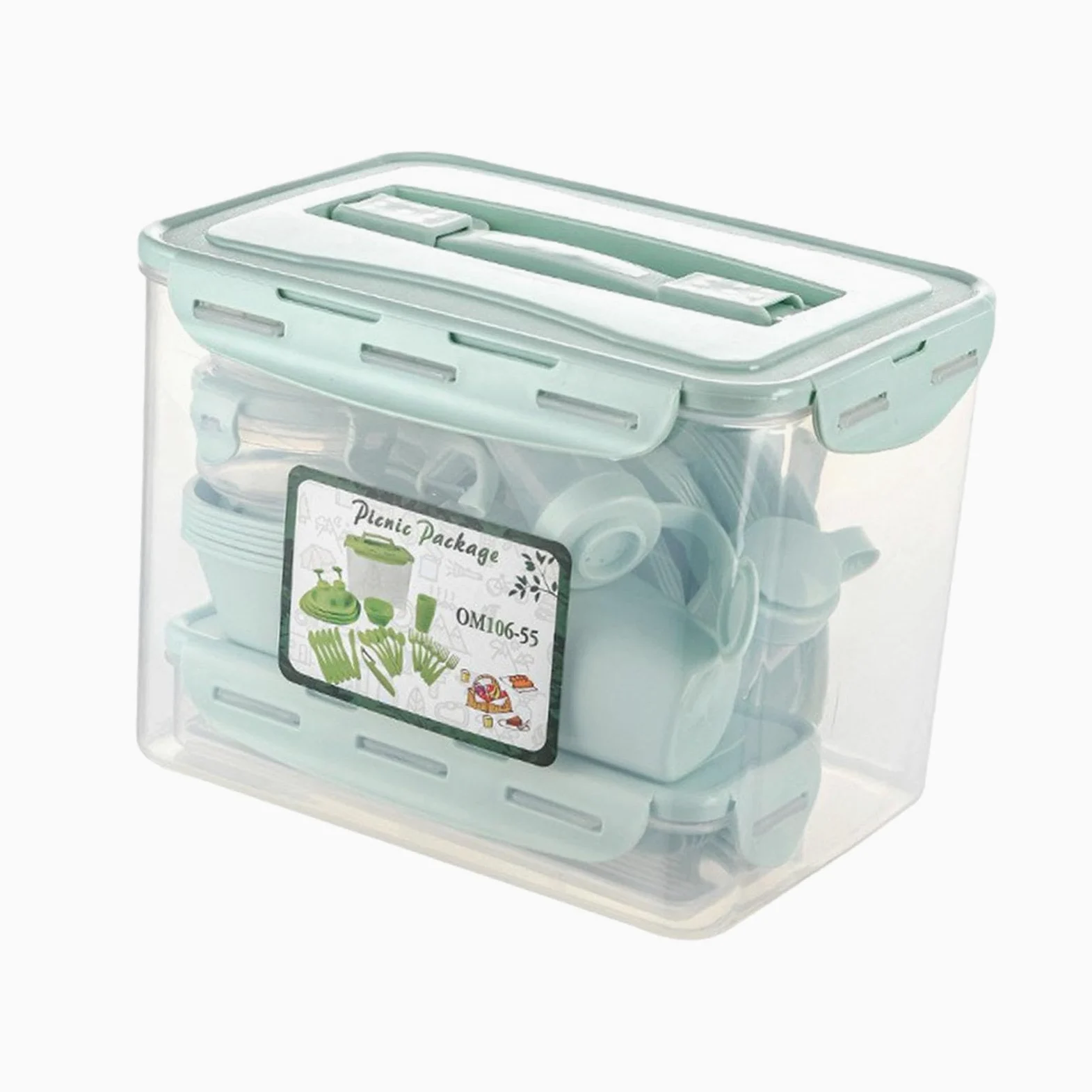 56 Piezas Cubiertos Portátiles Reutilizables Vajilla Completa Cucharas Tenedores Vasos Platos con Caja de Almacenaje Adecuado para Camping Picnic, Verde