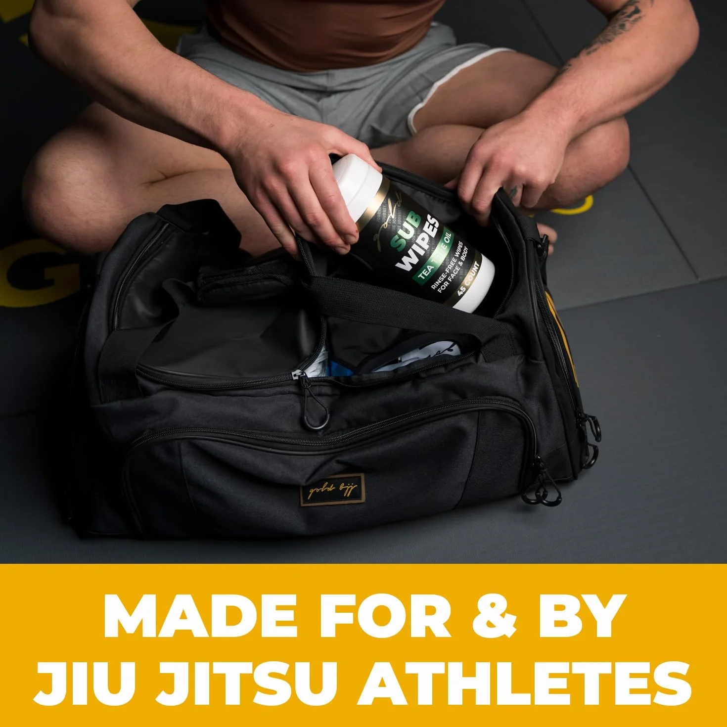 Gold BJJ Jiu Jitsu Duffle Bag - Waterproof Pocket for Sweaty Gi, Rashguard, or Shoes - The Duffel Bag for Martial Arts Gear, Boxing, MMA, and More