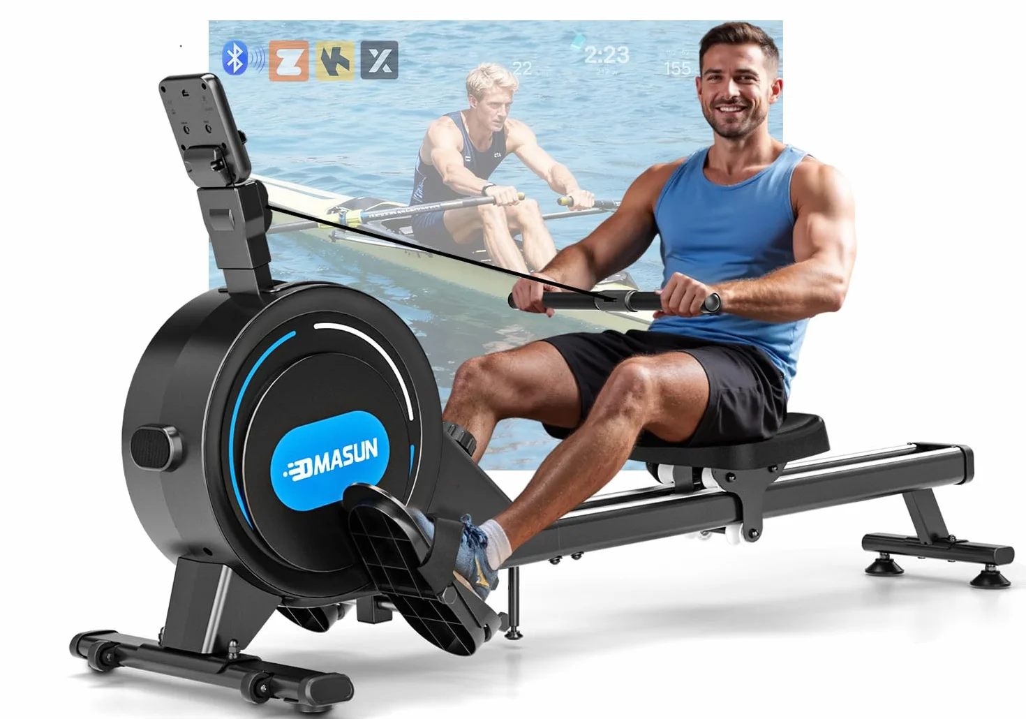 Máquina de Remo para Casa, 16/32 Niveles de Resistencia, Remo Magnético Silencioso con App Corriente Principal, Rieles Dobles Mejorados para Mayor Estabilidad + Negro + Azul
