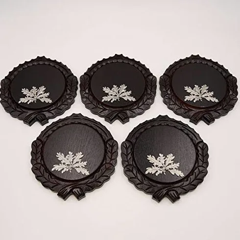 GTK - Juego de 5 placas de cuña talladas oscuras AF 14 cm con 5 hojas de roble de 6 hojas, tabla de cuñas, tabla de especias, cartel para trofeos