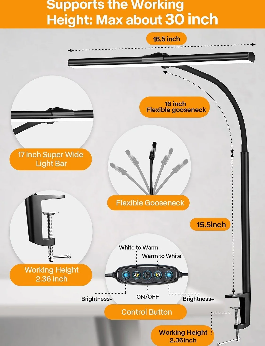 Kimimara Lámpara de Escritorio Pinza LED Flexo con Cuello de Cisne Regulable 5 Temperaturas 5 Niveles Brillo