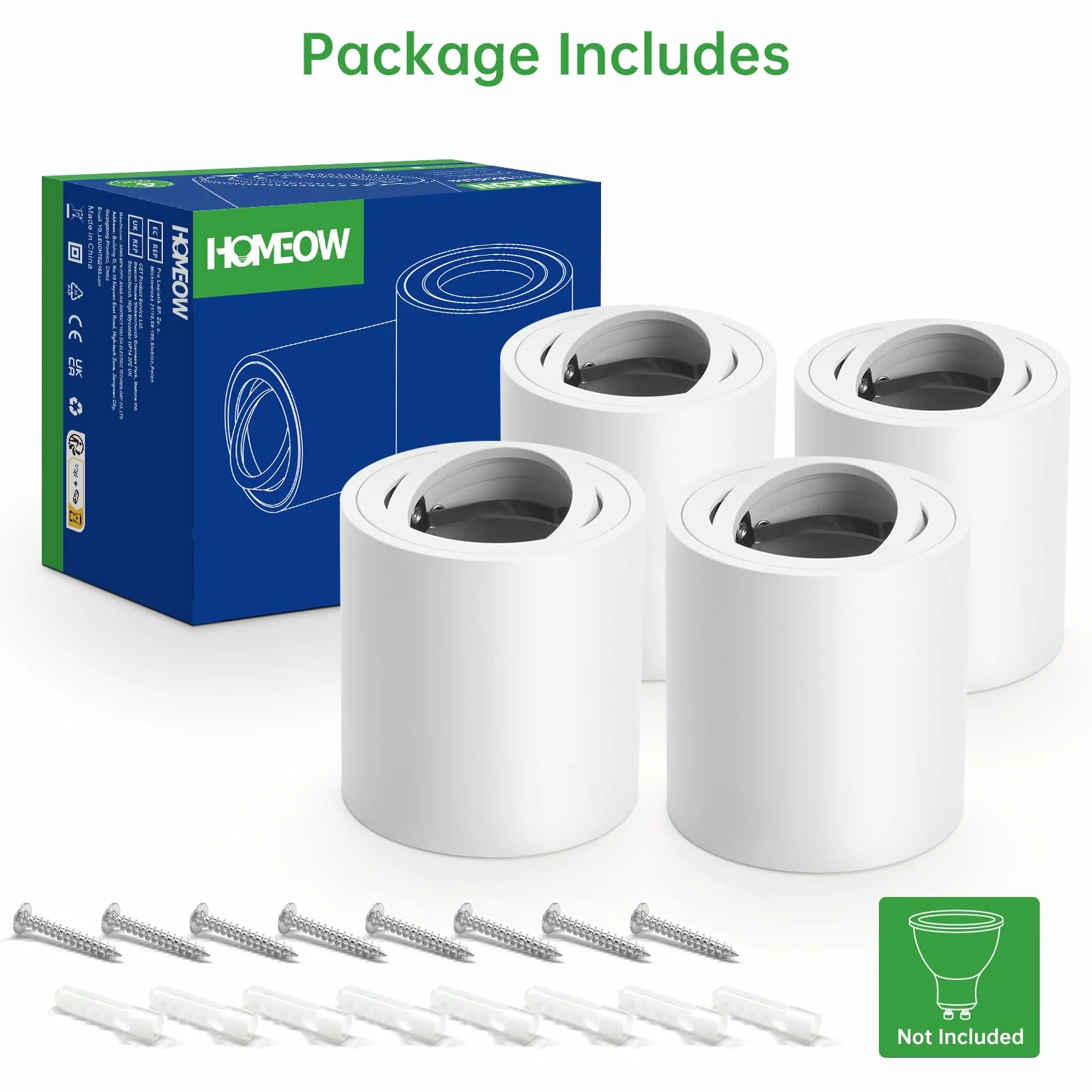 HOMEOW Focos LED Interior Techo Superficie, Pack de 4, Blanco, Aluminio, GU10