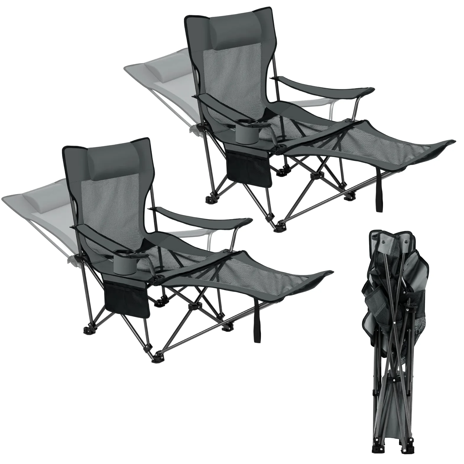 eSituro Silla de Camping Plegable Portátil con Respaldo Ajustable y Reposabrazos, para Pesca, Senderismo y Acampada (2, Gris)
