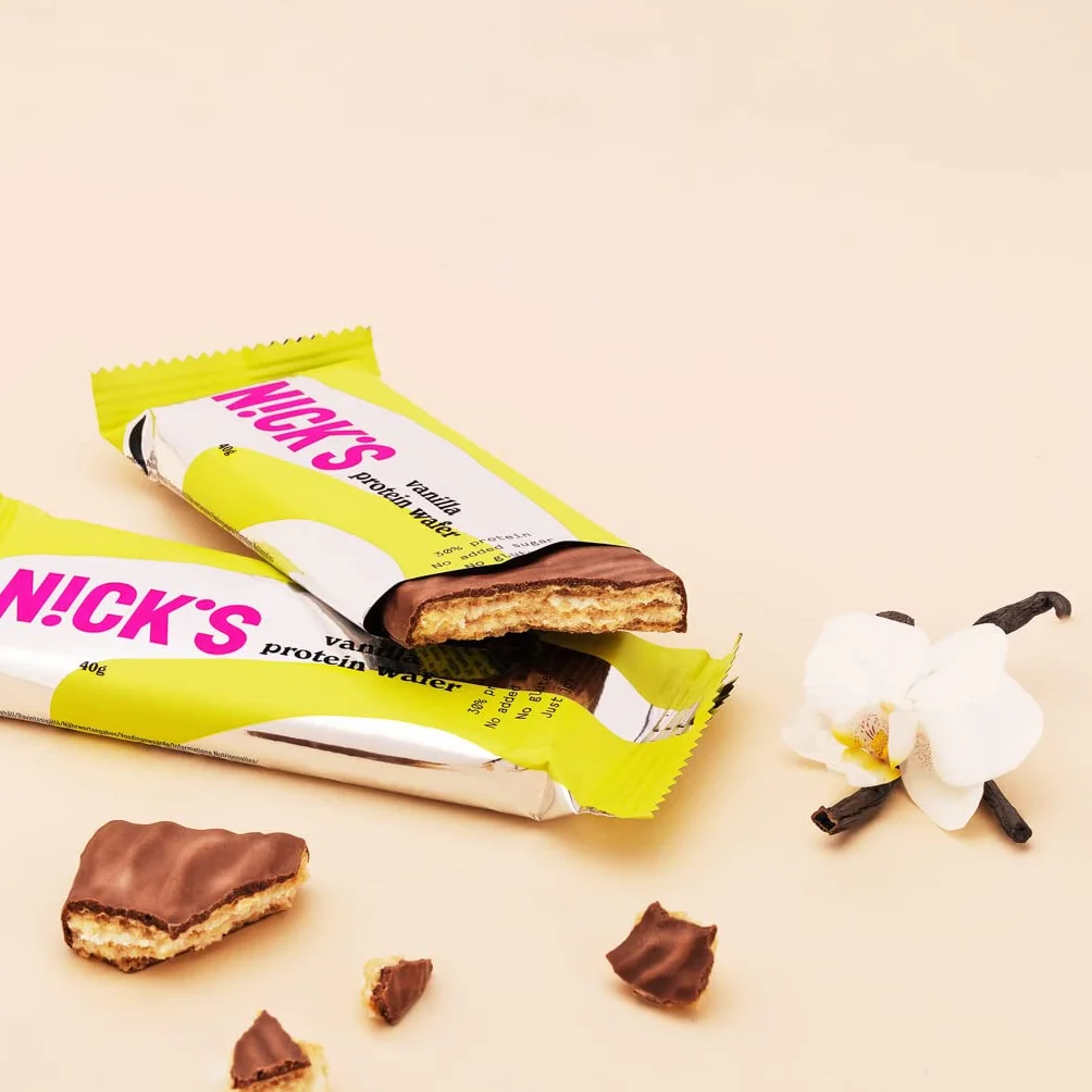 NICKS Barritas Protein wafer 25% Proteína 203 calorías Chocolate Sin Azúcar Añadido Low Carb Snack Bar Sin Gluten 9x40g