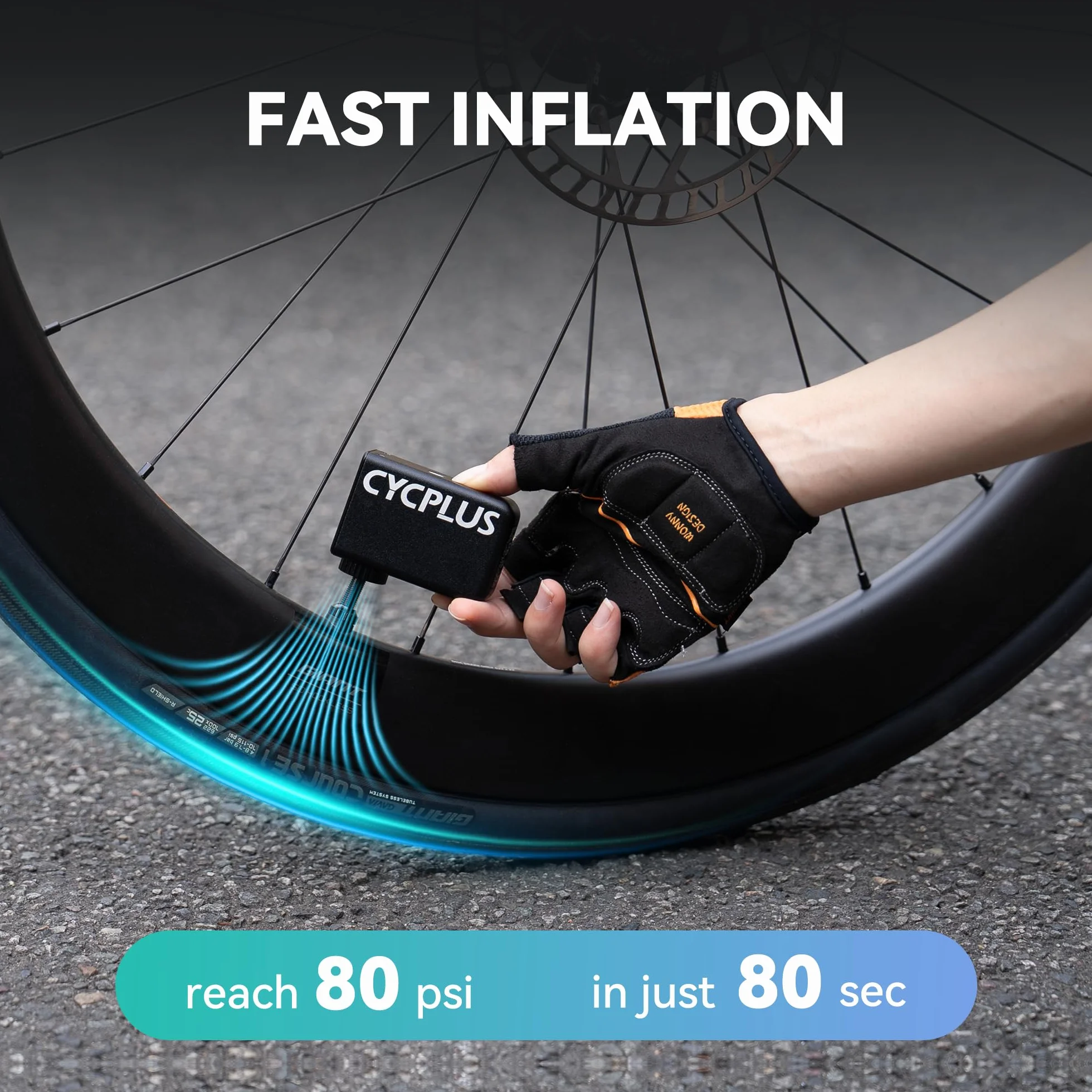 CYCPLUS Tiny E-Pump Bike Pump es una Ultra Mini Bomba de Bicicleta portátil. Tiene una Capacidad de 100 PSI y una batería (Ganador del Premio EUROBIKE 2023).