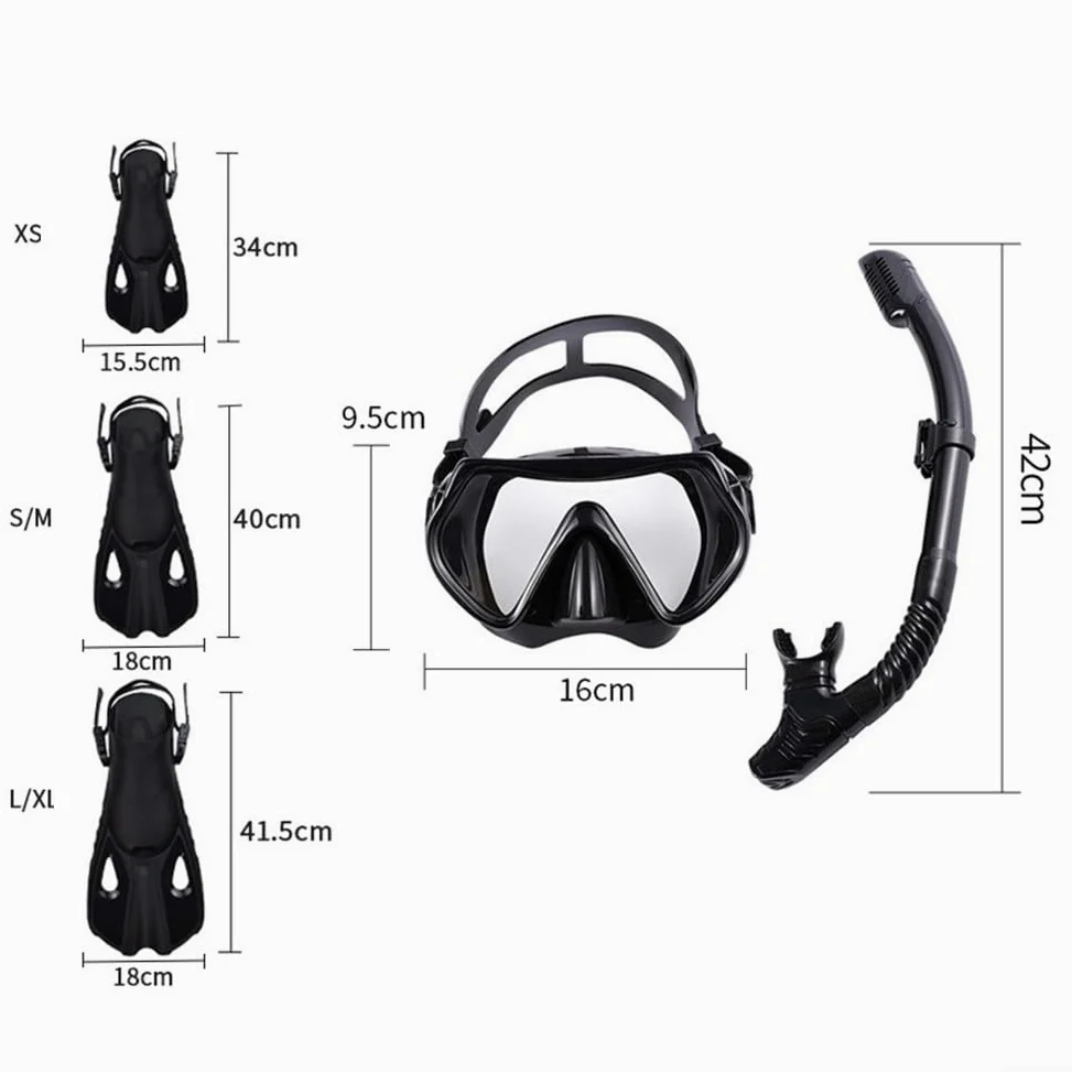 Juego de esnórquel con esnórquel seco, máscara de vidrio templado y aletas ajustables, kit de equipo de buceo de 3 piezas para adultos y principiantes, equipo de natación y aventura submarina