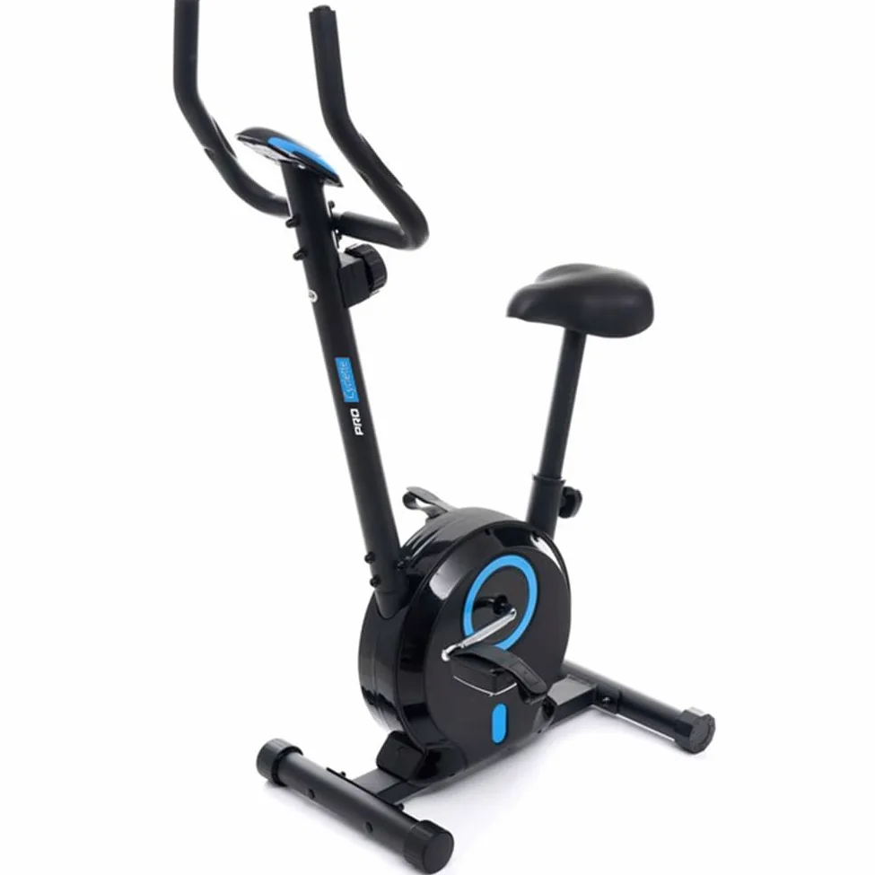 BAKAJI Bicicleta estática para fitness de casa con mango alto y asiento ajustable, bicicleta de gimnasio, spinning bike vertical con pantalla LCD y sensores cardíacos y calorías para entrenamiento de