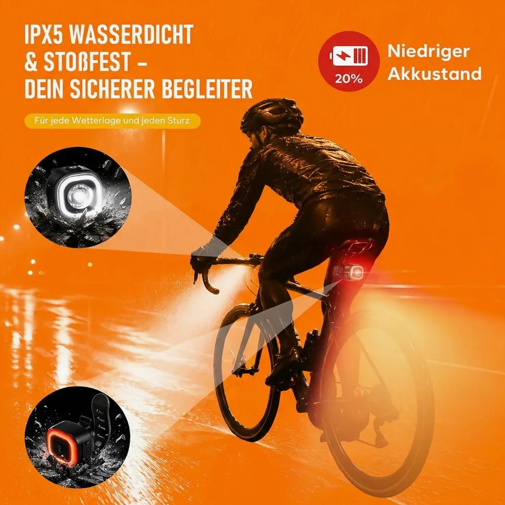 Juego de luces LED para bicicleta, homologadas por StVZO, luz de bicicleta recargable con luz de freno inteligente, luz trasera, IPX5, resistente al agua y a los golpes, juego de luces de bicicleta