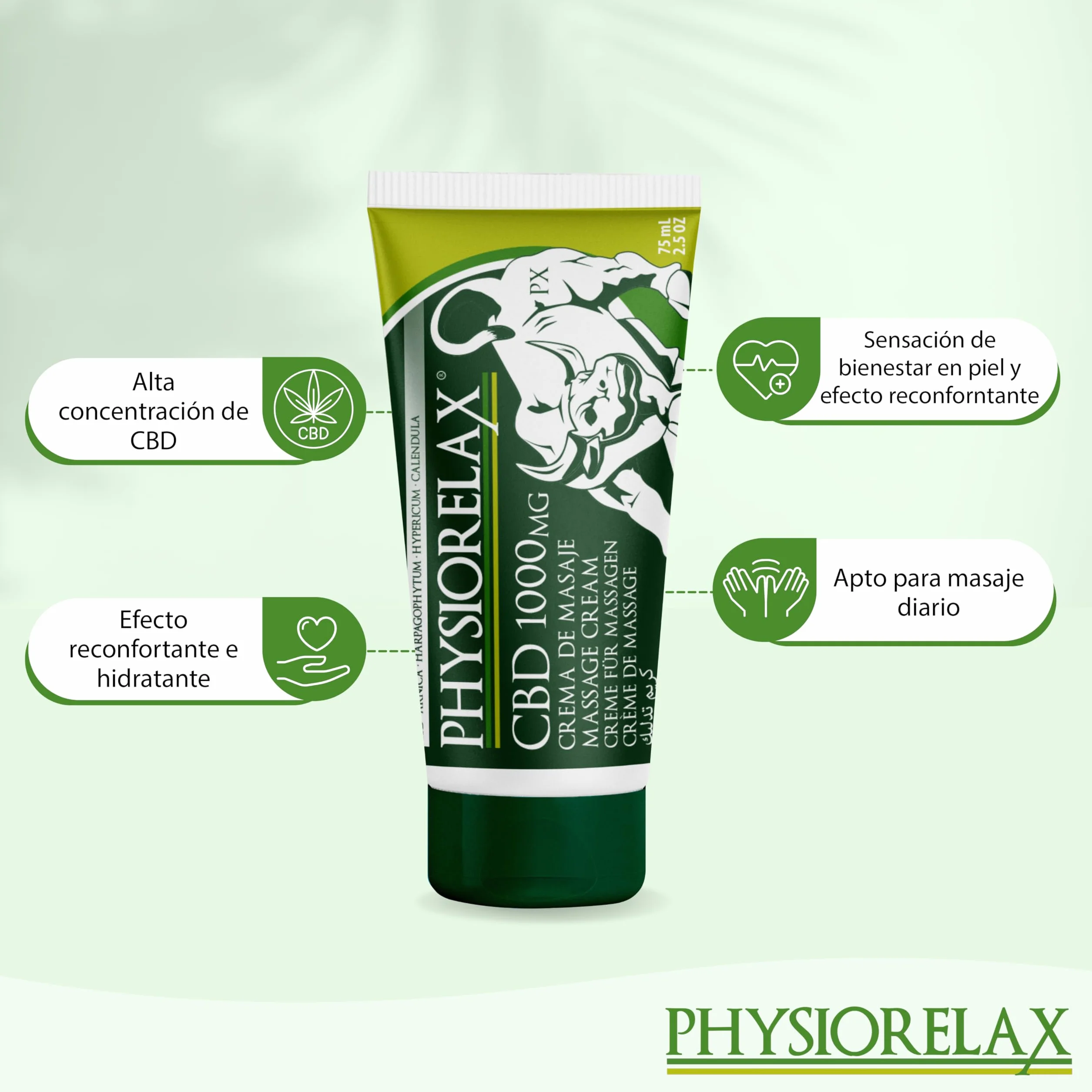 Physiorelax CBD Crema de Masaje 1000mg Cannabidiol Aceites Esenciales Aceite de Cáñamo Natural