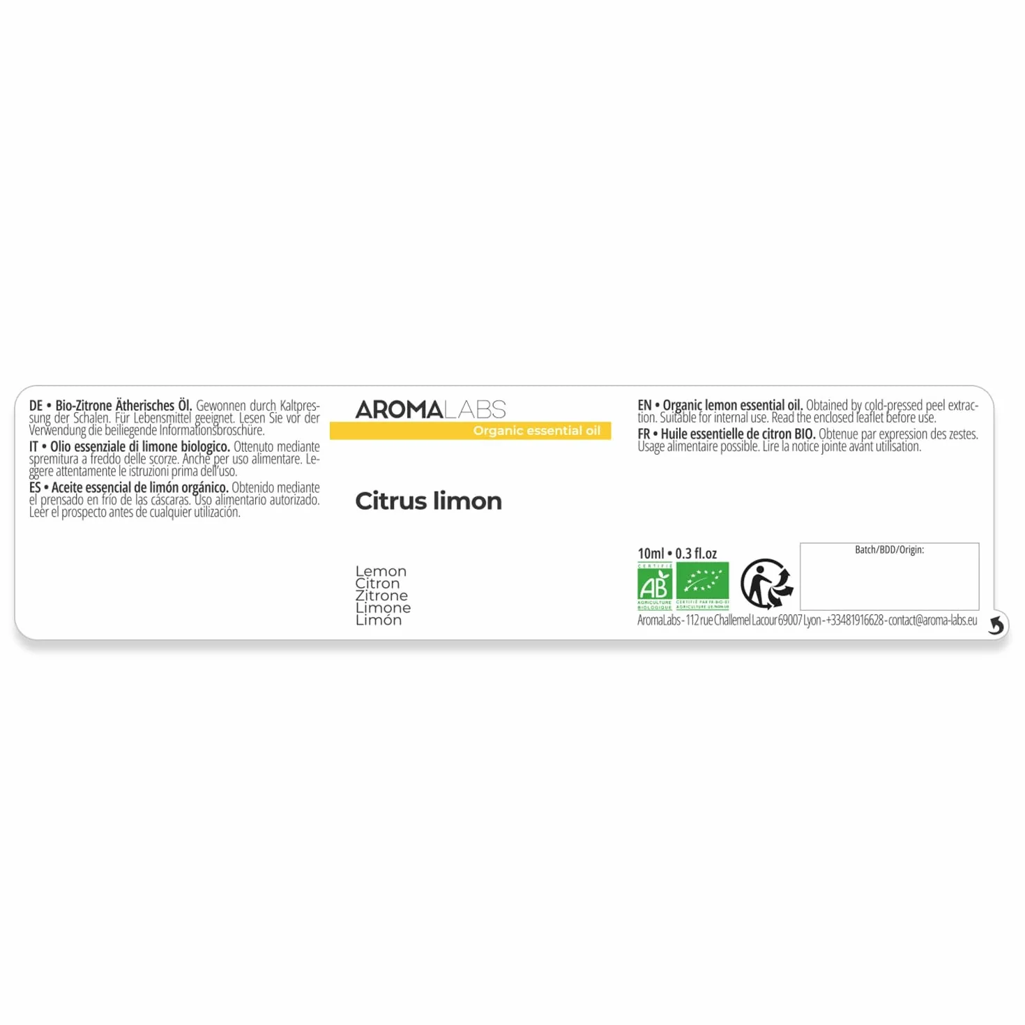 Aceite Esencial de Limón BIO 10 mL Aroma Labs Quimiotipado Certificado AB