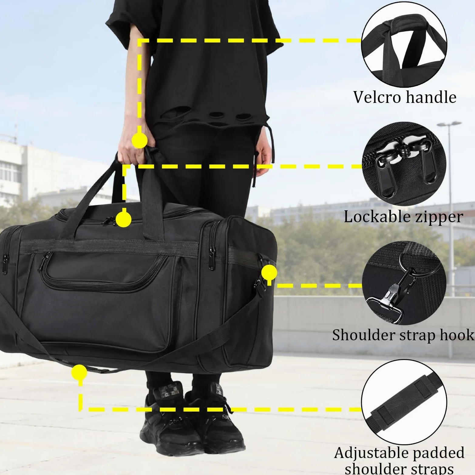 Bolsa De Viaje Hombre Mujere 62/92/115L Bolsa de Deporte Gimnasio Grande Bolso De Lona Hidrófugo Plegable Travel Duffel Bag Gym Bag Sport Duffle con Compartimento (Negro, 115L)