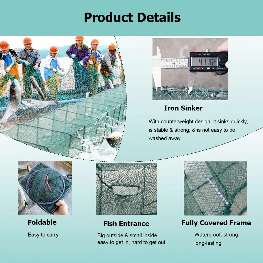 Trampa de Cebo Plegable for camarones y cangrejos de 7,9 a 52,5 pies de Largo, Red de Pesca en Agua Salada, Captura automáticamente más Peces fácilmente
