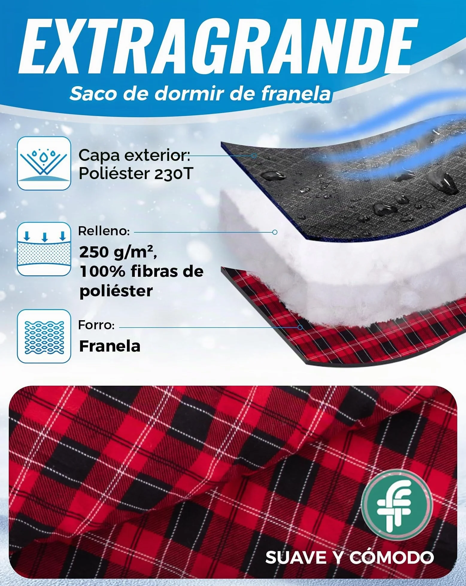 KingCamp Saco de Dormir XXL de Franela de Algodón para Adultos, Saco de Dormir Grande de Invierno para Camping 4 Estaciones, Viajes y Actividades al Aire Libre, 220x100cm