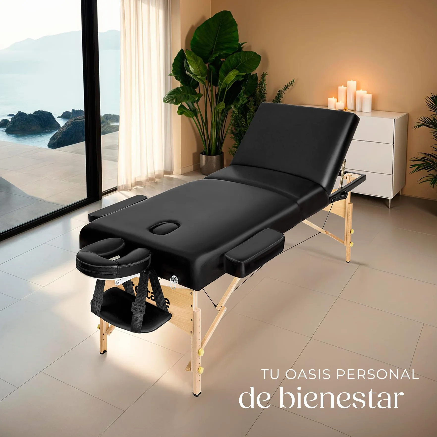 Tectake Camilla Masaje Plegable de Madera Profesional para Fisioterapia con Taburete, Cojines y Bolsa Transporte - Negro