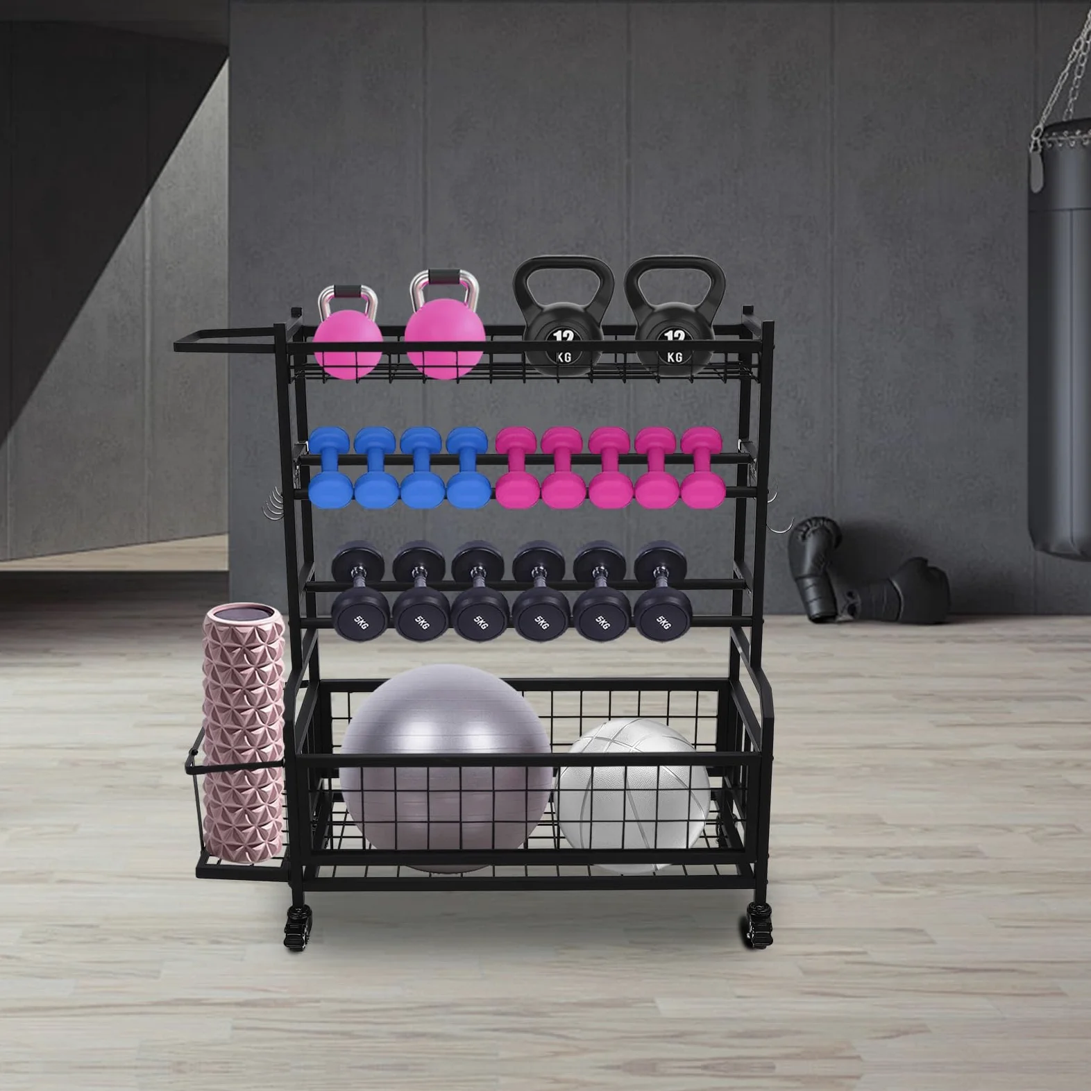 Soporte de pesas para gimnasio en casa, mancuernas, soporte para mancuernas con ruedas, para gimnasios, estudios de yoga, color negro, 102,5 x 40 x 105,6 cm