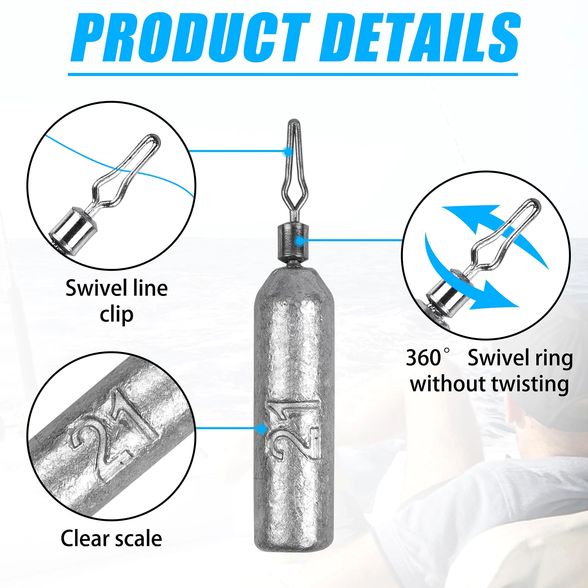 Paquete de 30 plomos de pesca con pivotes rodantes, plomos delgados, con forma de lápiz, peso de deriva, bajo derecho, cilindro extraíble para pesca de gato (20 g, 30 unidades)