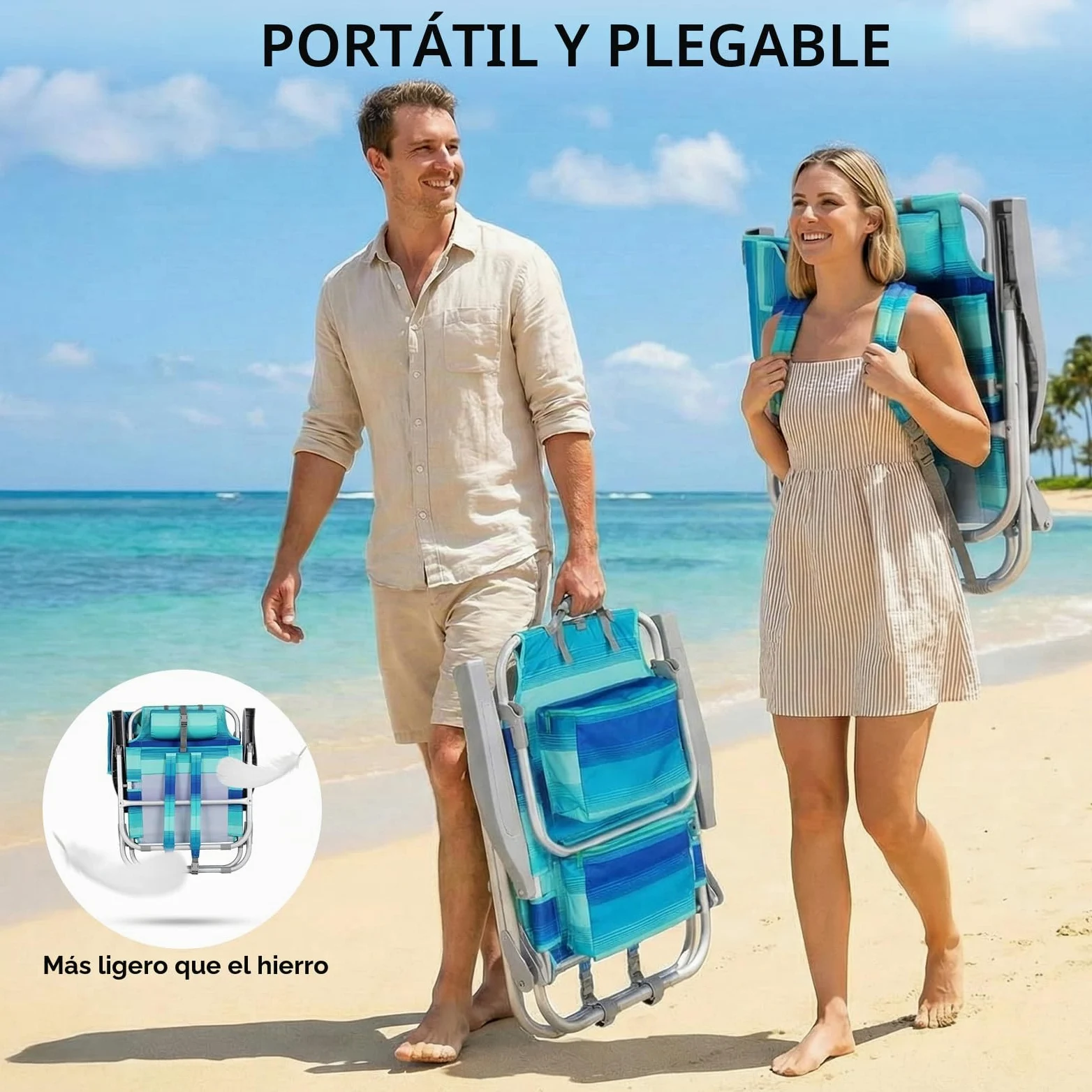 LIFERUN Silla de Playa Plegable de Aleación de Aluminio, Silla Plegable Ligera y Portátil como Mochila, Silla de Camping, Reclinable, Capacidad de Carga de hasta 150 kg, Silla Plegable de Exterior