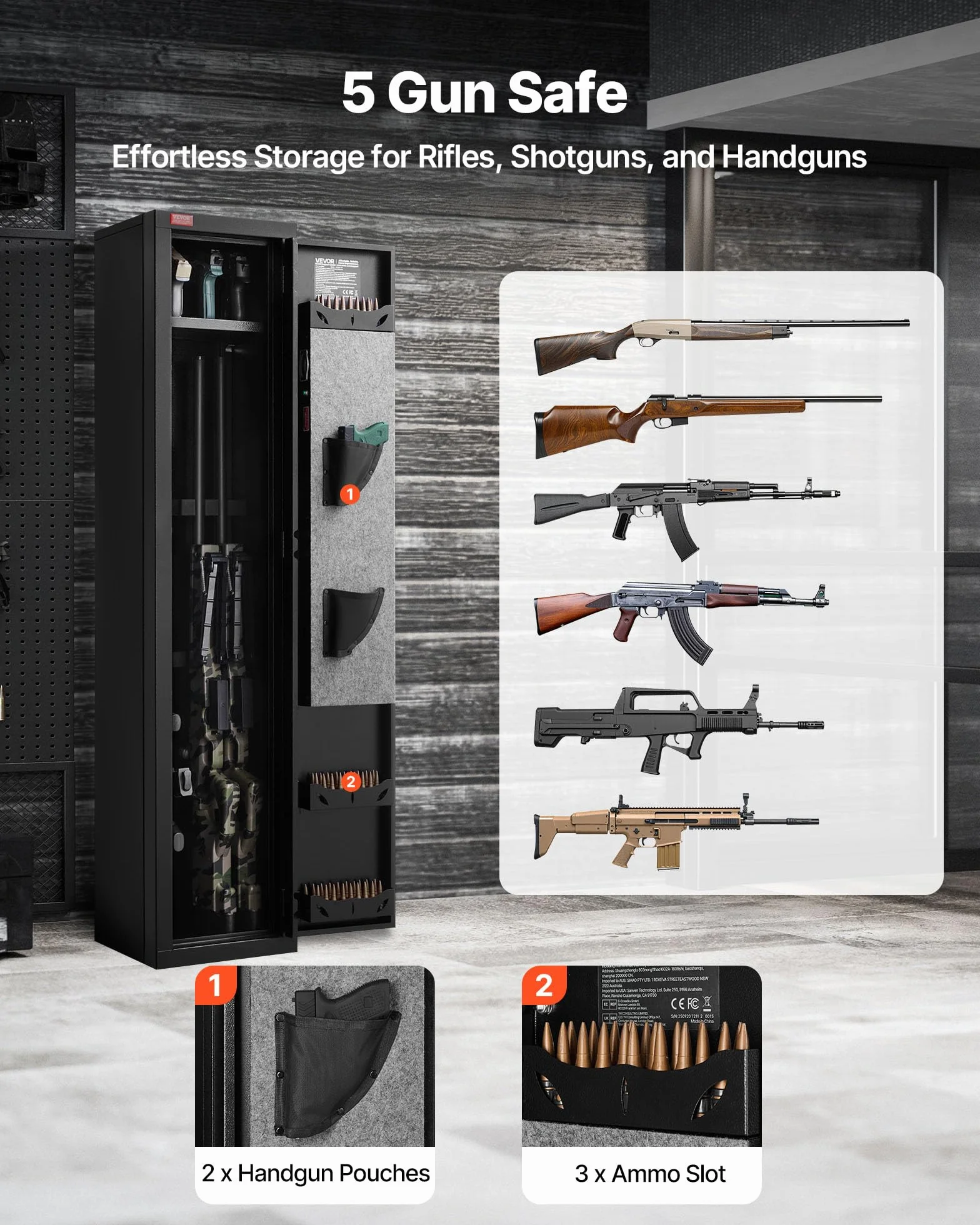 VEVOR Caja Fuerte de Rifles, Armario para Armas Largas de Acero Laminado en Frío, Teclado Digital y Llave, con Cargador y LED, Soportes Ajustables, 300 x 280 x 1396 mm