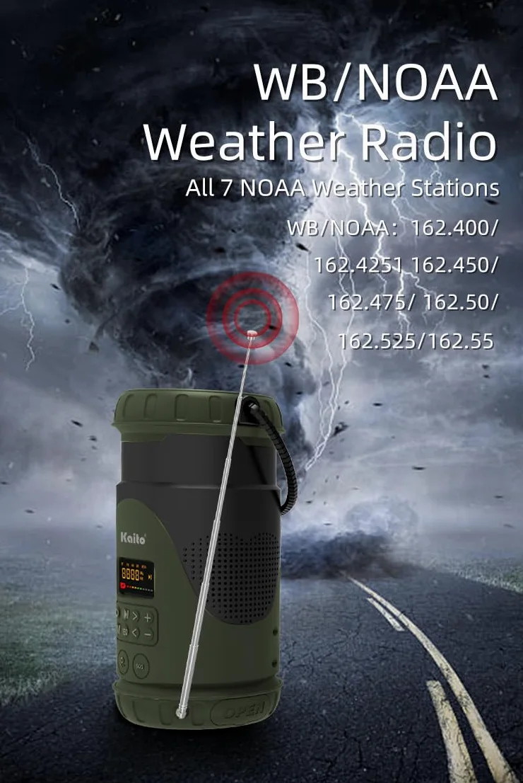 Kaito KL101 Linterna y linterna de emergencia para camping, manivela y energía solar, batería recargable de 5000 mAh, radio AM/FM/clima, impermeable, alarma SOS, carga USB