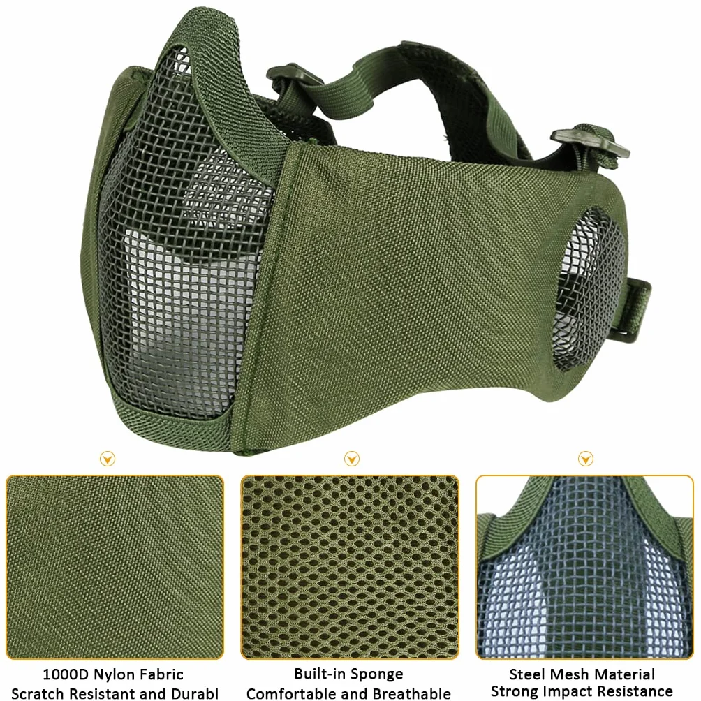 Juego de 3 máscaras tácticas de Airsoft para béisbol,máscara de Malla de Media Cara Ajustable con protección para los oídos,Gafas Anti UV,Gafas de Airsoft para Aire Libre