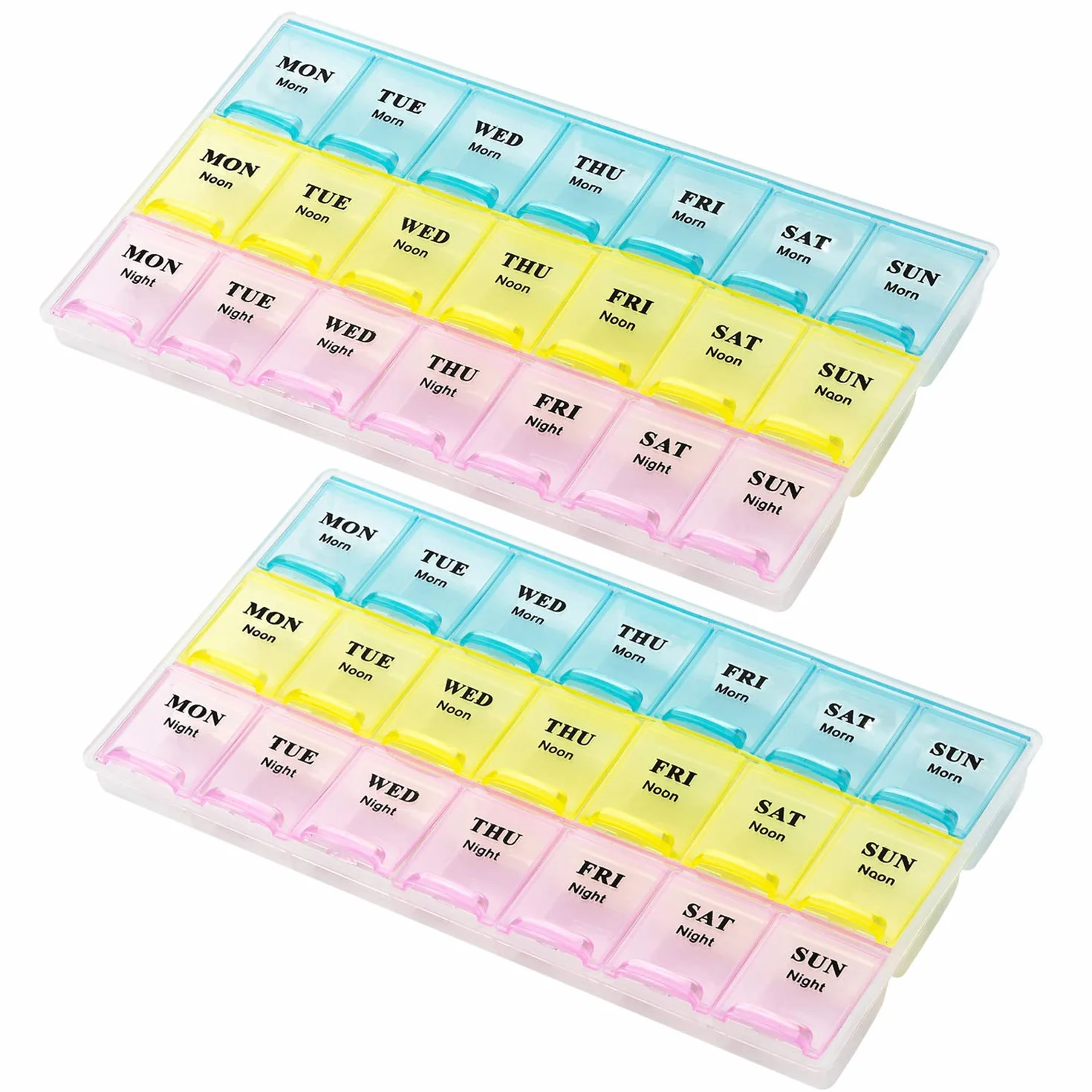 Pastillero semanal para vitaminas y medicamentos, organizador 21 tomas, 3 tomas diarias, 2 unidades