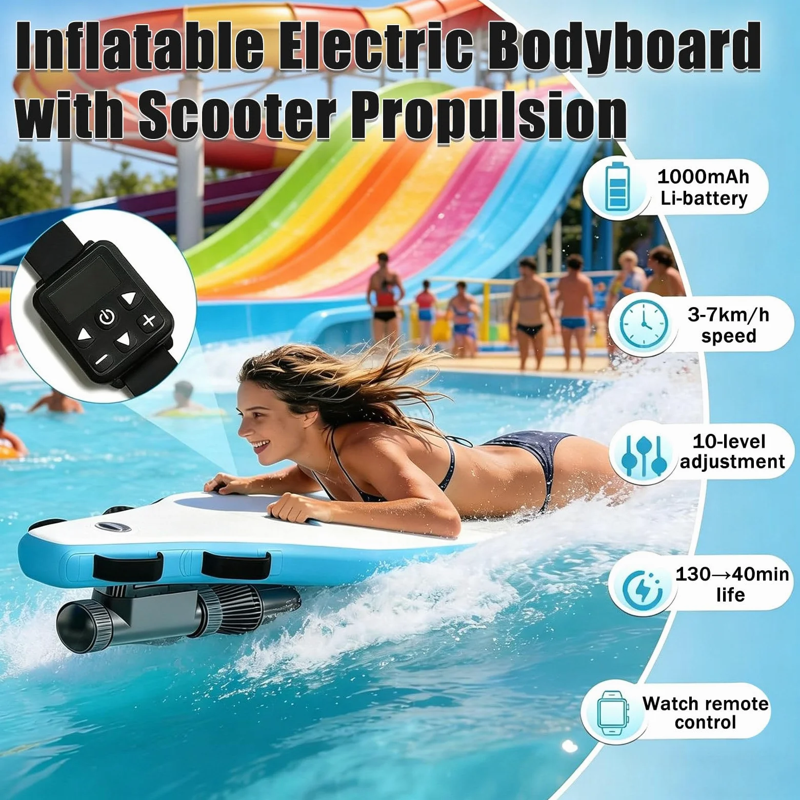 Tabla de Bodyboard Eléctrica e Inflable Portátil, Scooter Subacuático de 500 W 10000 mAh con Autonomía de 40-130 min, 10 Velocidades, 3-7 km/h, Esnórquel y Actividades Recreativas Acuáticas