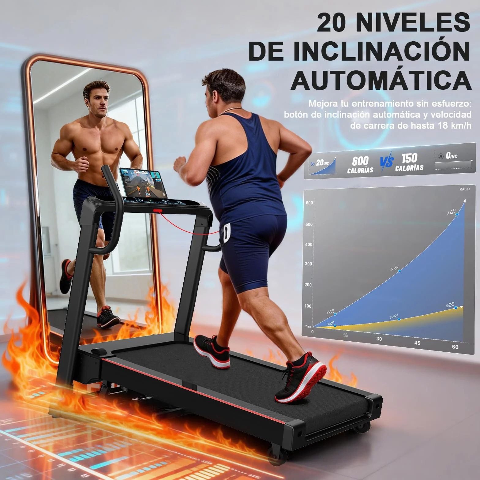 Cinta de Correr Plegable Profesional con App, Motor 7 CV 18 km/h, Inclinación Automática 20 Niveles, Máquina de Correr para Gimnasio en Casa, Carga 180 kg, Bluetooth, Silenciosa, Pantalla LED