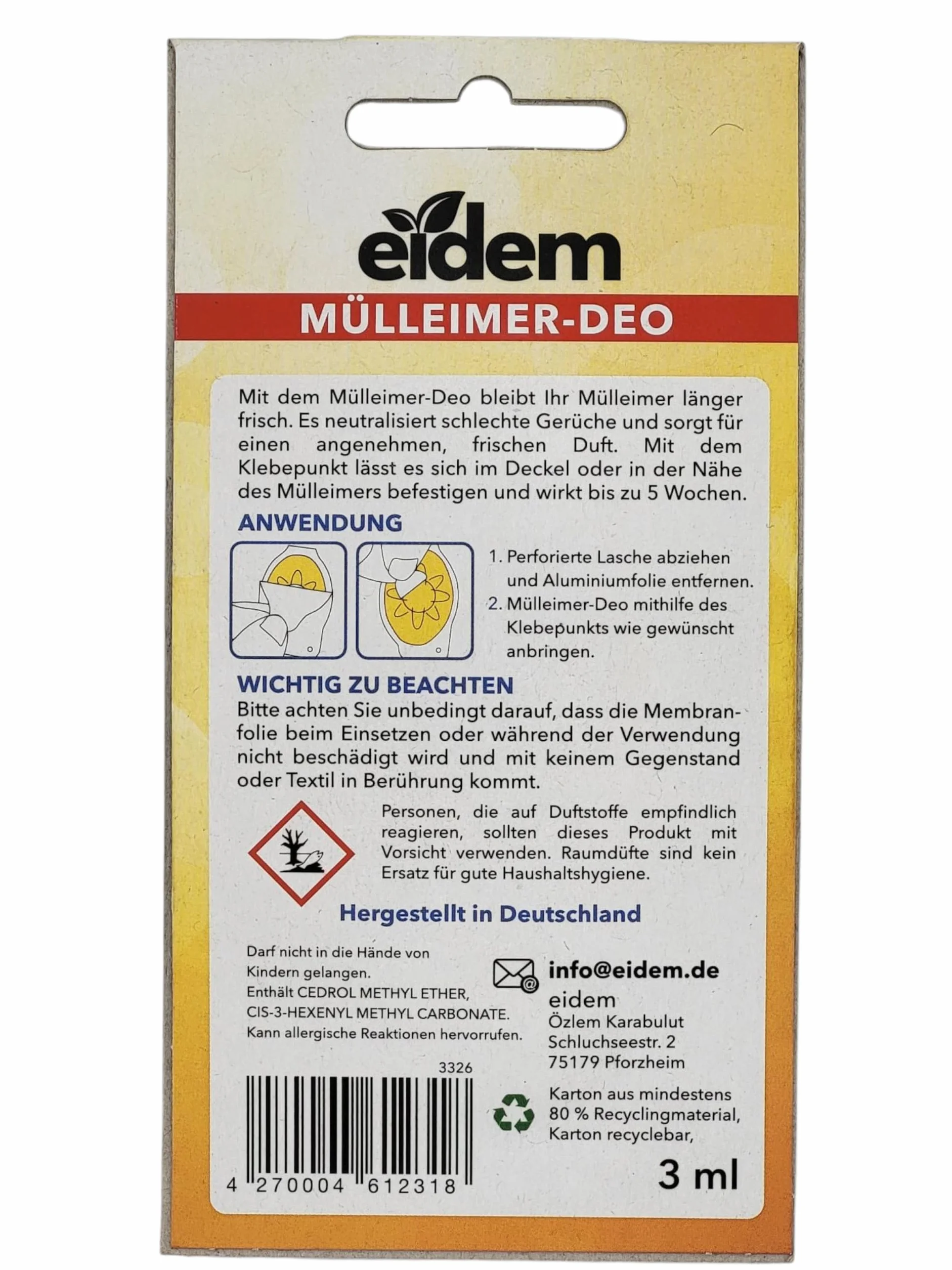 Eidem Cubo de basura desodorante 2 en 1 aroma cítrico neutraliza olores frescura duradera 5 semanas