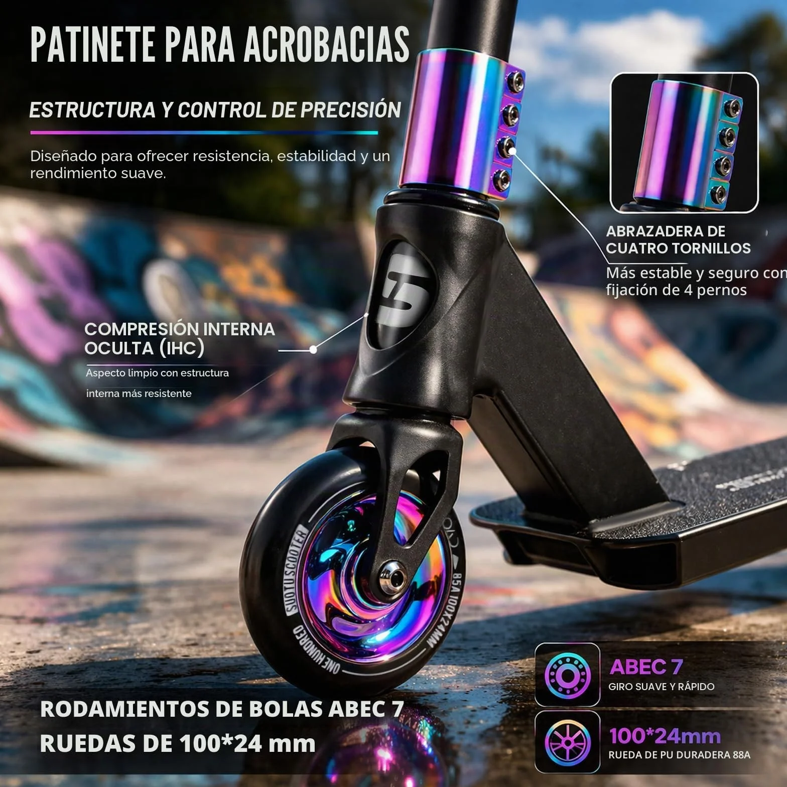 Patinete Freestyle, Dirección de 360°, Ruedas de PU de 85A 100 mm, Scooter Freestyle para Niños Adolescente y Adultos, Capacidad Máxima de Carga: 100 kg, Aluminio