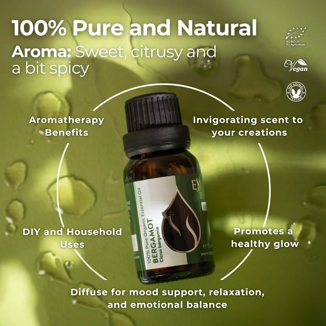 Essences Bulgaria Aceite Esencial de Bergamota Orgánico 15ml 100% Puro Grado Terapéutico Aromaterapia