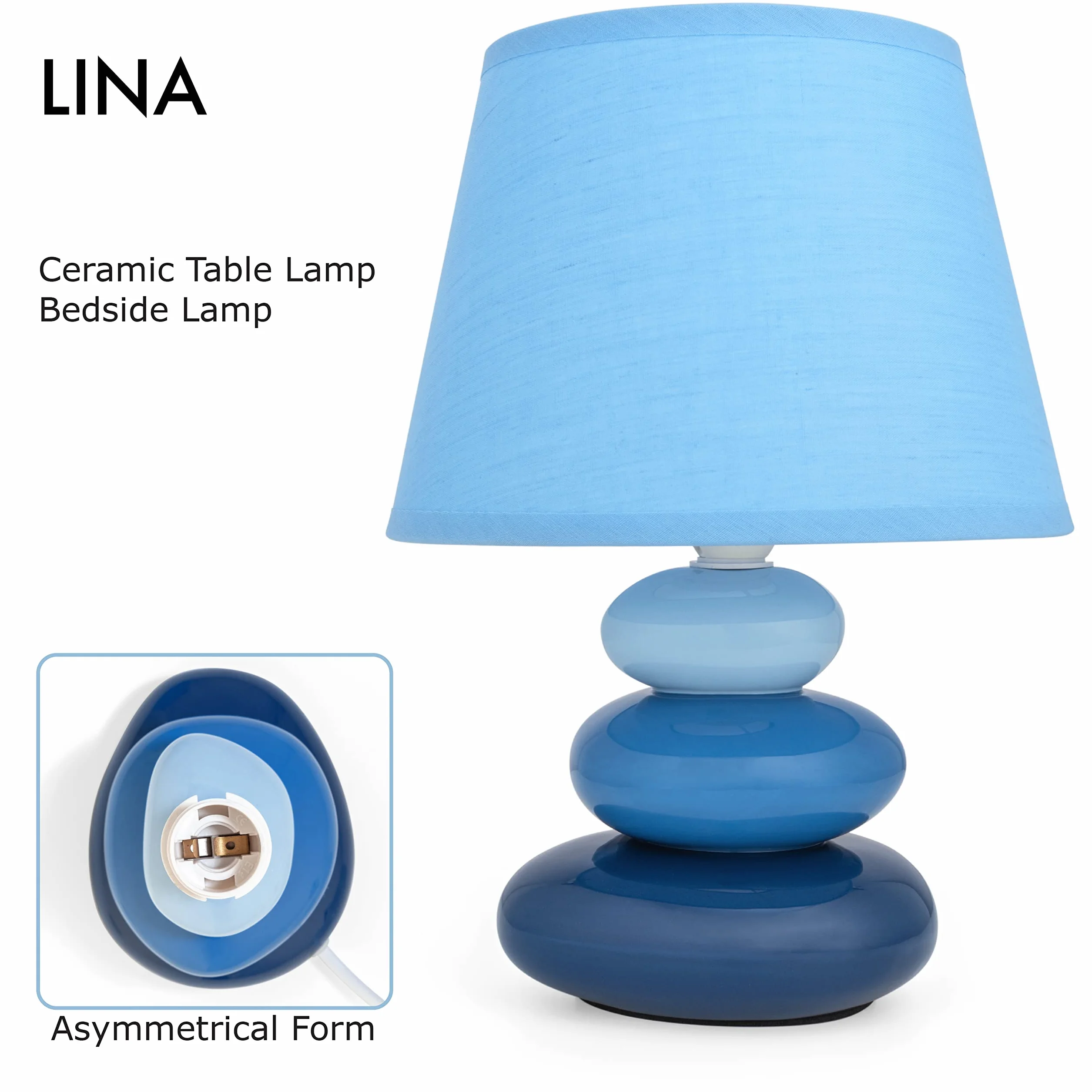 Lámpara mesita noche azul cerámica pantalla tela E14 230V LED