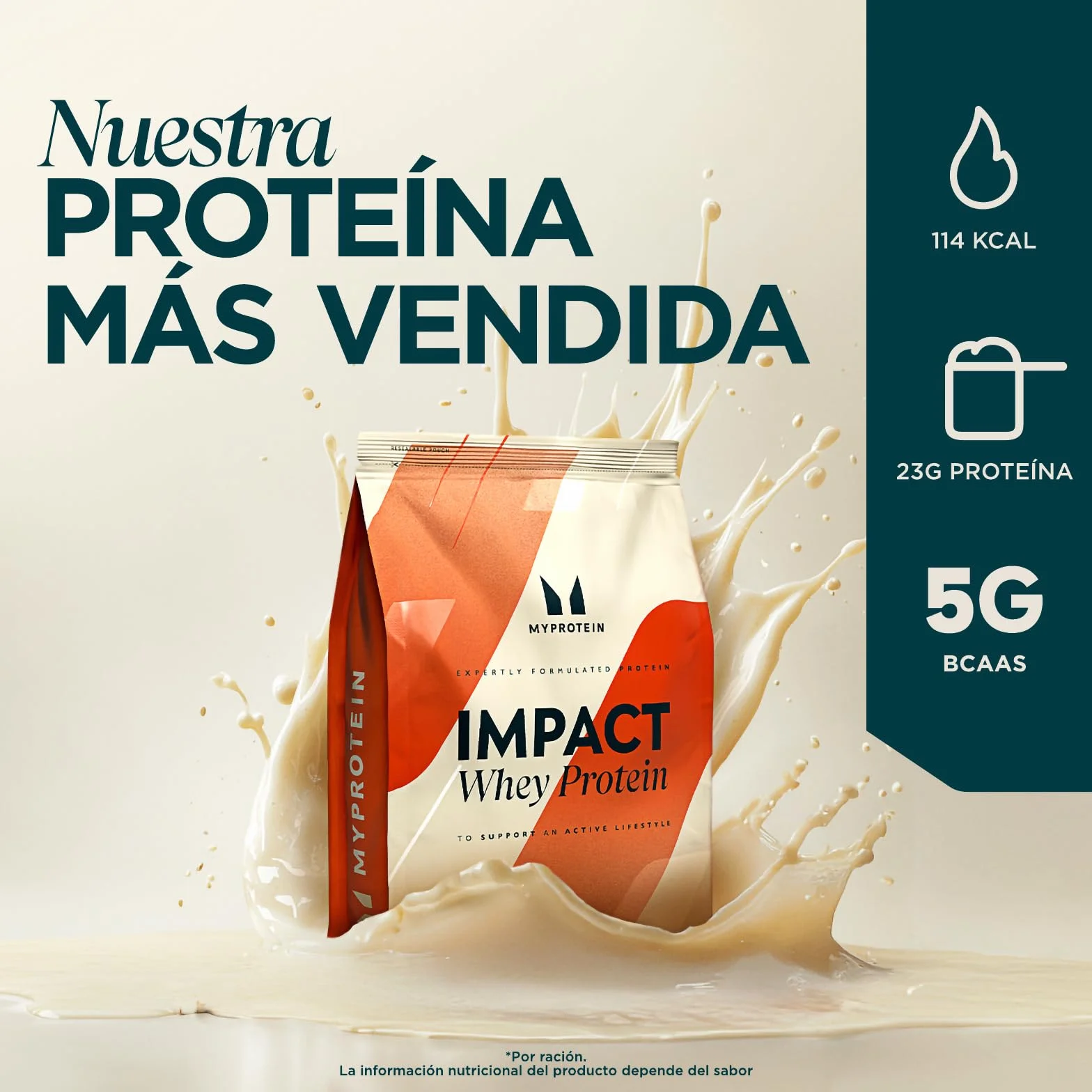 Myprotein Impact Proteína de suero en polvo 23g proteína por porción Sin Sabor 1kg Bajo en azúcar grasas