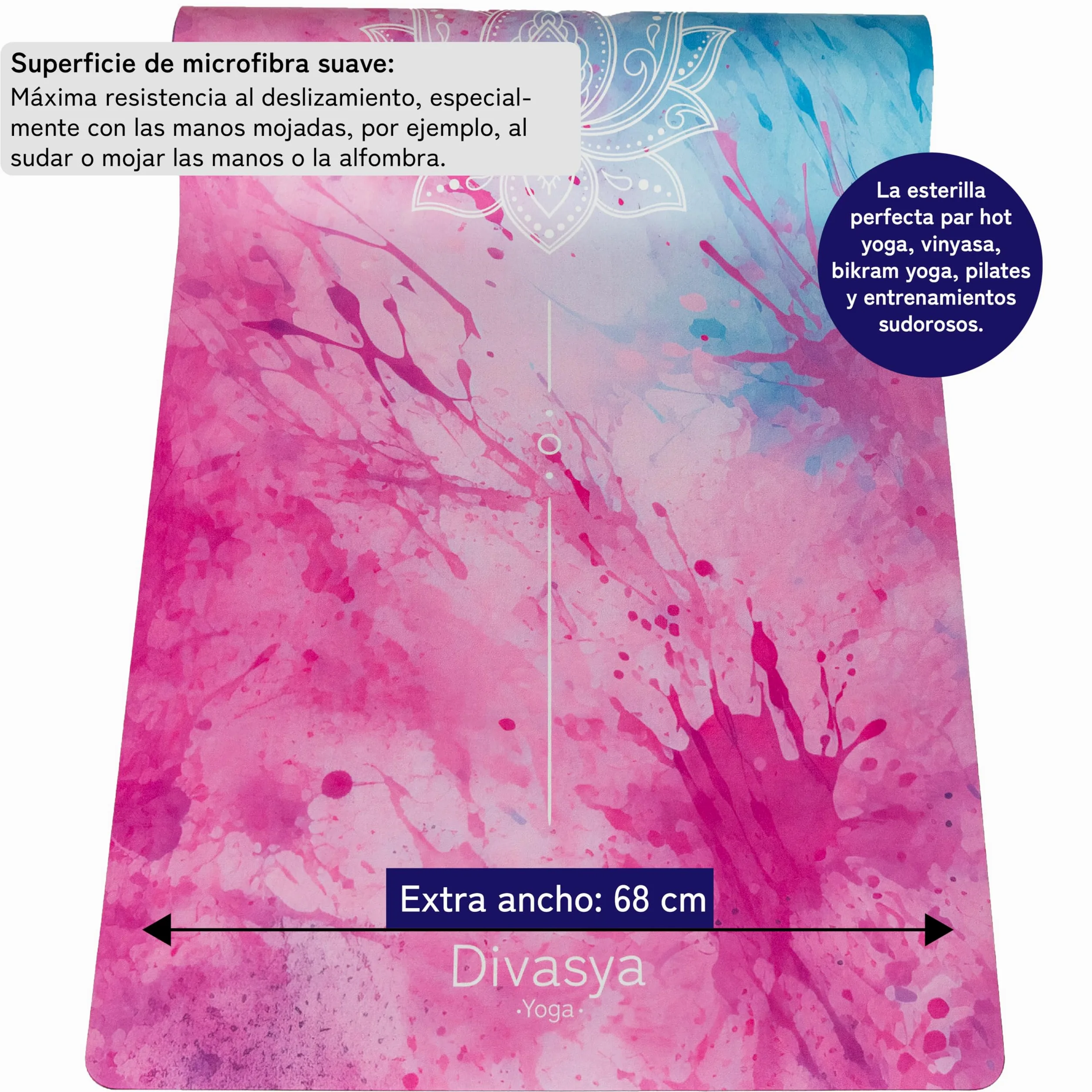 Esterilla de yoga sostenible y antideslizante: caucho natural antideslizante y superficie de microfibra absorbente, extra ancha y gruesa 183 x 68 x 0,5 cm, correa de transporte