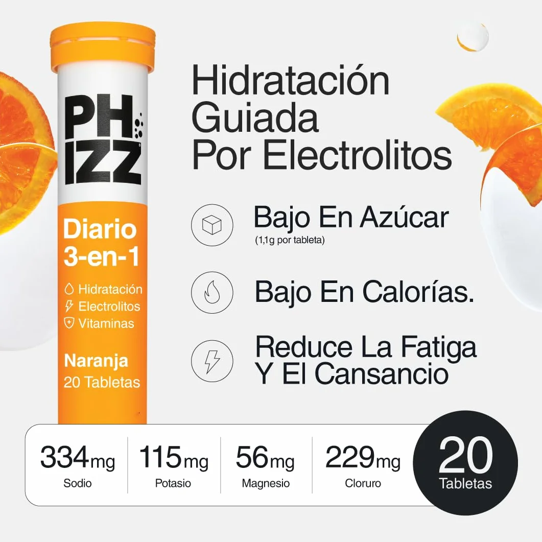 Phizz Electrolitos Multivitaminas e Hidratación Efervescente 20 Comprimidos - 18 Vitaminas y Minerales, Vitamina C, Naranja