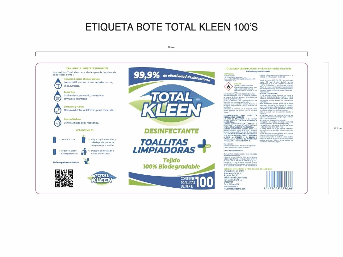 Total Kleen Toallitas de limpieza multiusos biodegradables 100 unidades desinfectantes
