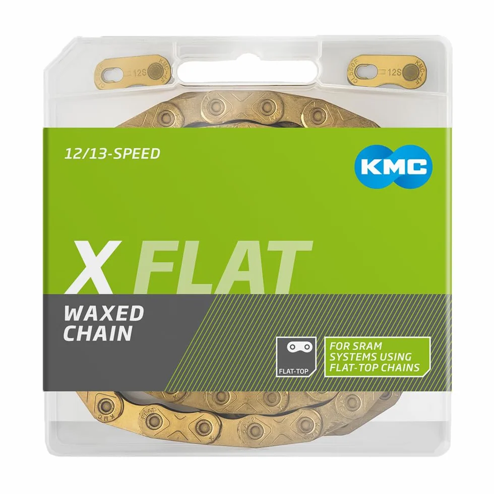 Cadena de bicicleta KMC con tapa plana, oro TiN, 126 eslabones, encerado, compatible con SRAM AXS y transmisión, dorado