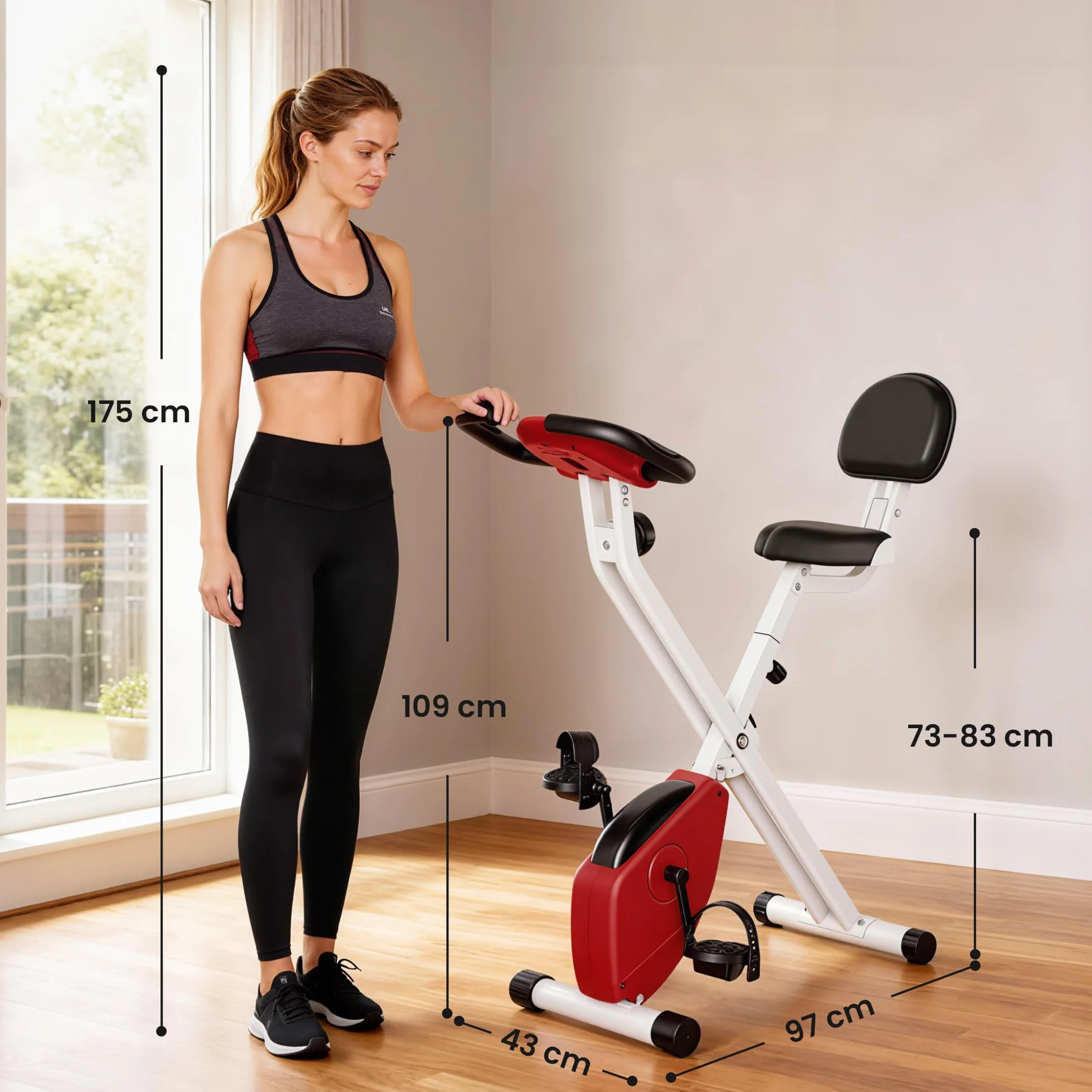 HOMCOM Bicicleta Estática Plegable con Respaldo, Bici Estática con 8 Niveles de Resistencia Magnética, Volante, Pantalla LCD, Pulsómetro, Sillín Ajustable, Carga 110 kg para Hogar Ahorra Espacio