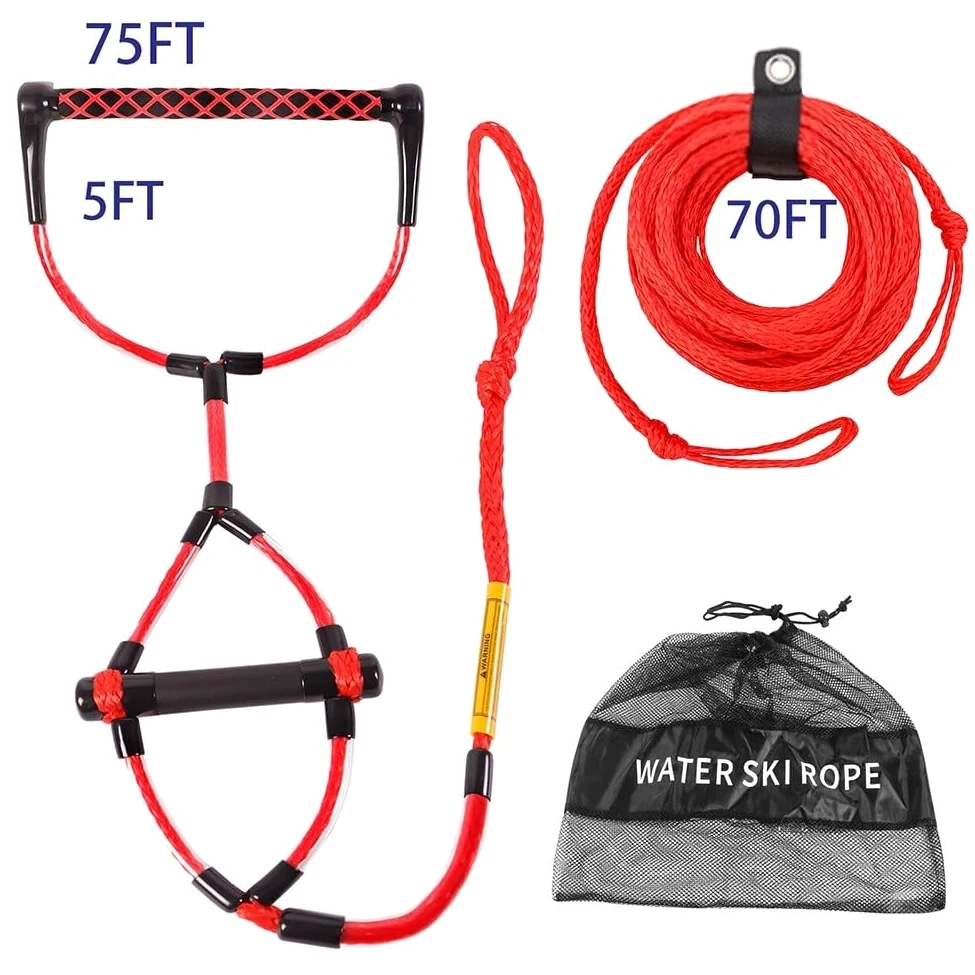 Cuerda de remolque para deportes acuáticos de 75 pies con mango de EVA, línea de wakeboard ajustable para rodillas, esquí acuático, tubo, rafting, diseño flotante, color rojo y negro