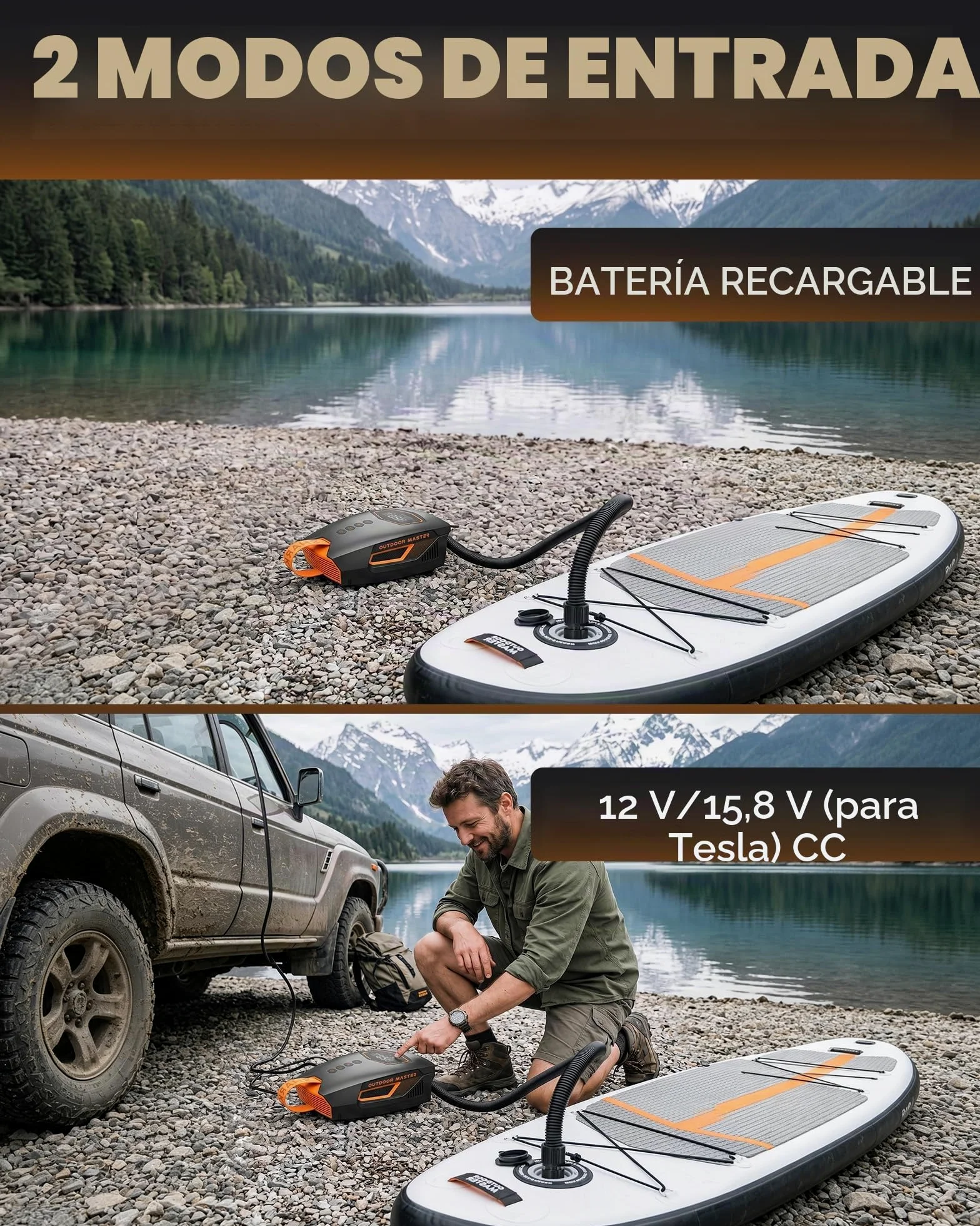 OutdoorMaster Shark 3 Mini 74Wh Bomba Eléctrica Sup Portátil, Inflado Rápido 5'30", Bomba Paddle Recargable, Auto-Apagado y Desinflado, 20 PSI, 12V/15,8V DC y USB-C, 8 Boquillas