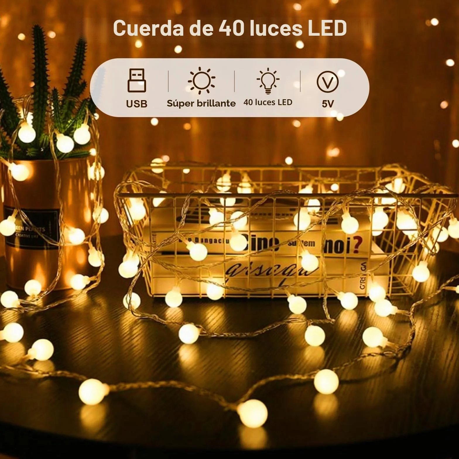 Bigzom USB Bombillas de Hadas Globulares 7M 40LED 5V para Interiores Decoración Navideña